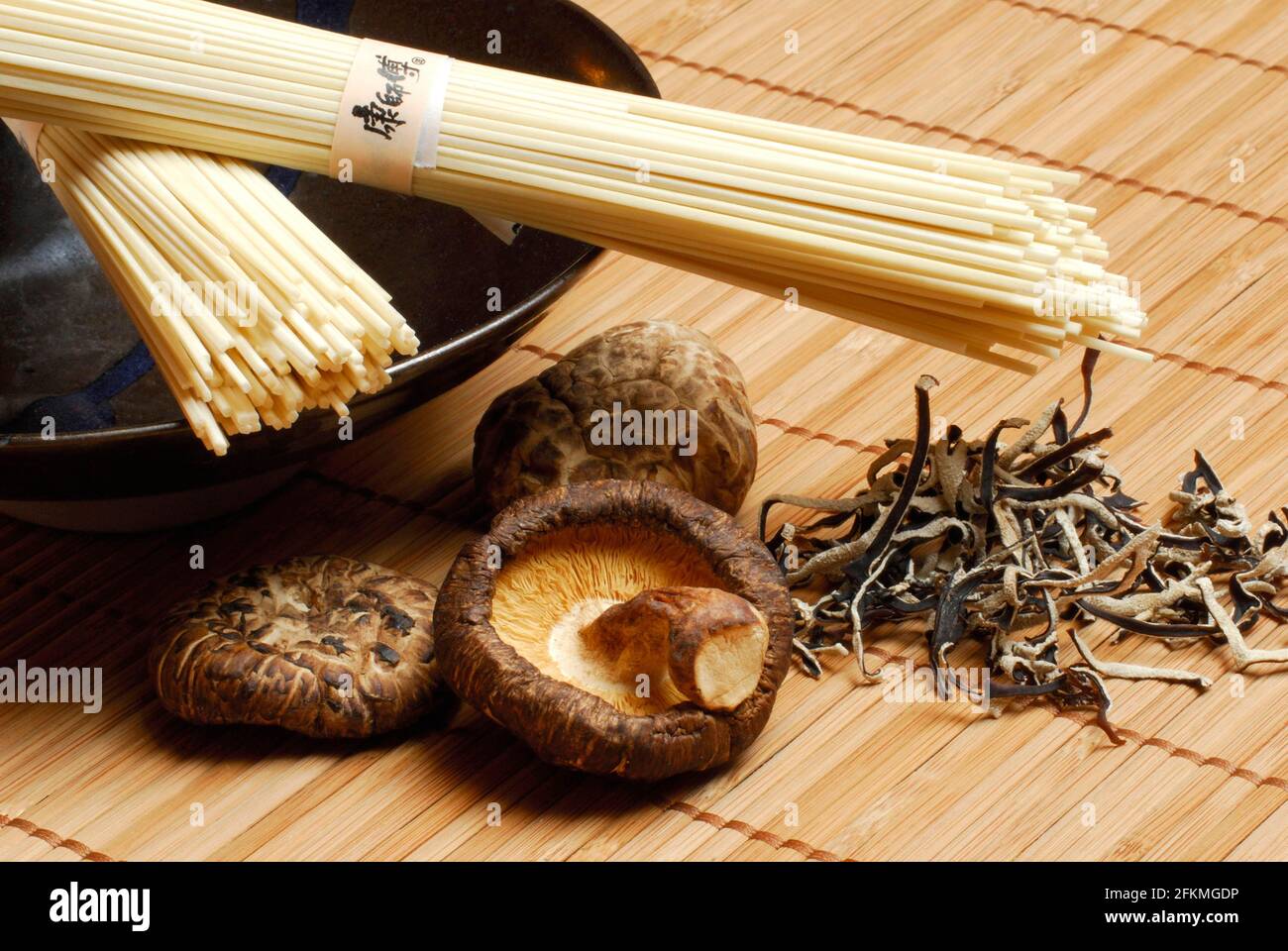 Chinese noodles, hoisin spaghetti, dried shitake mushrooms, and dried