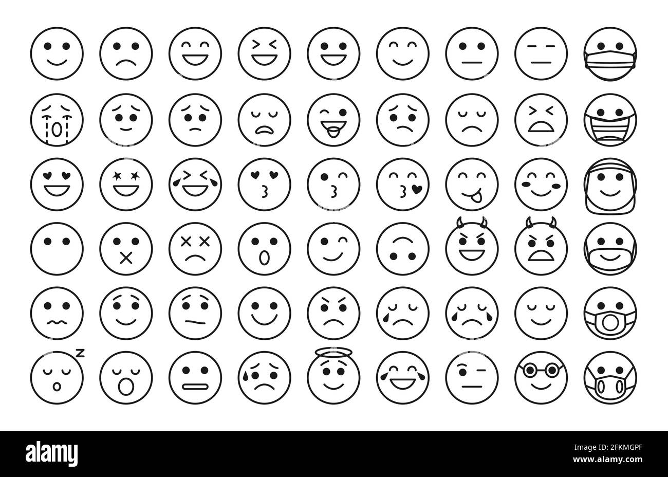 Black outline funny emoji icons set. Mood or facial emotion symbol for chat app or web. Linear face expressing crazy, funny, sad, angry. Contour emoticons in mask Isolated on white vector illustration Stock Vector