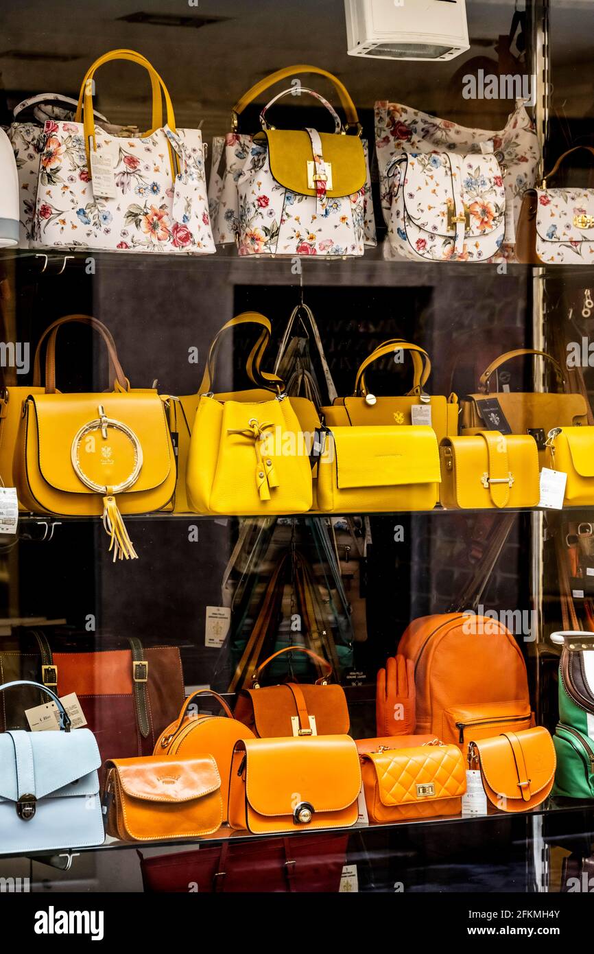 Elegant leather handbags in a shop window, Venice, Veneto, Italy Stock Photo