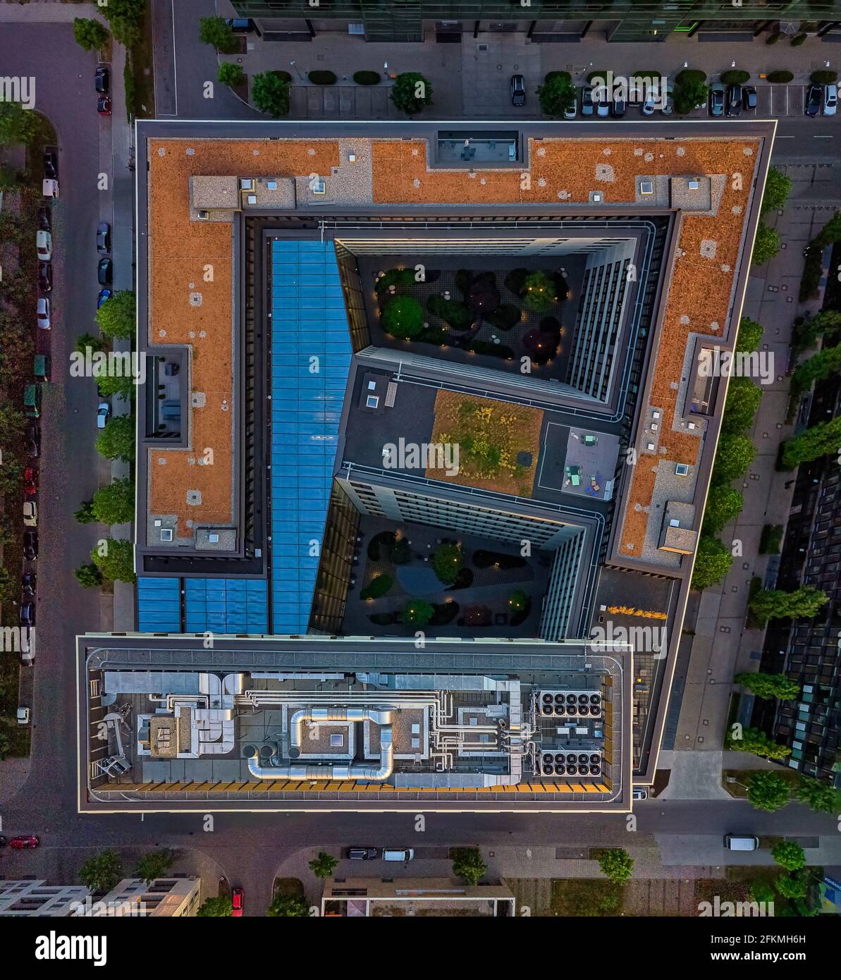 Aerial view of an office building with modern architecture captured