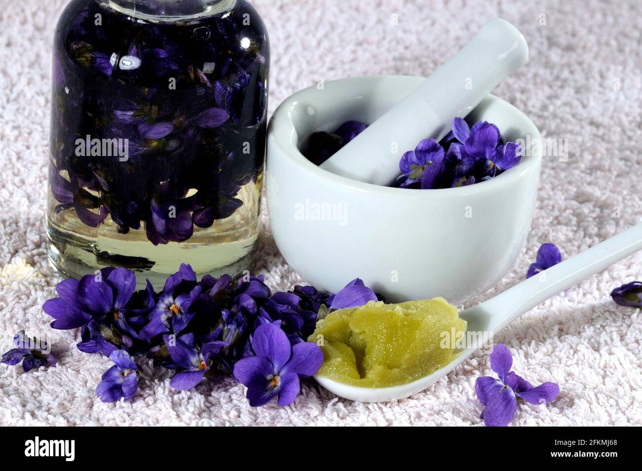 Wood violet (Viola odorata), violet tincture and violet ointment, sweet violet, fragrant violet, violet tincture, violet ointment Stock Photo