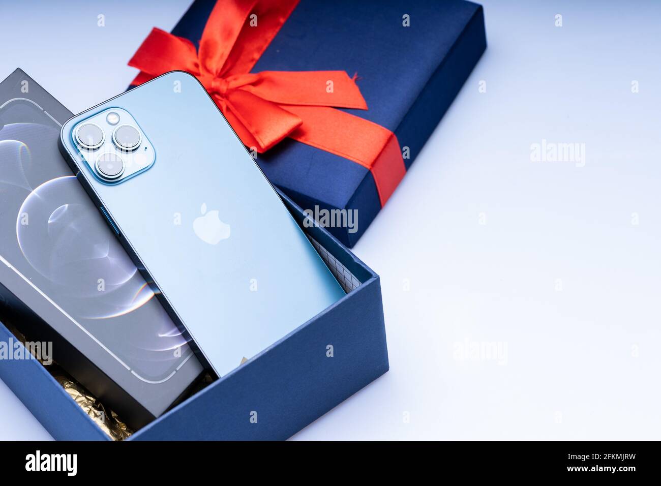The New Iphone 12 Pro Max Pacific Blue Colour Stock Photo Alamy