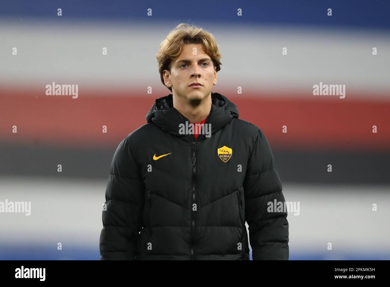 Genoa, Italy, 2nd May 2021. Riccardo Ciervo of AS Roma makes his way to the tribune prior to kick off in the Serie A match at Luigi Ferraris, Genoa. Picture credit should read: Jonathan Moscrop / Sportimage Stock Photo