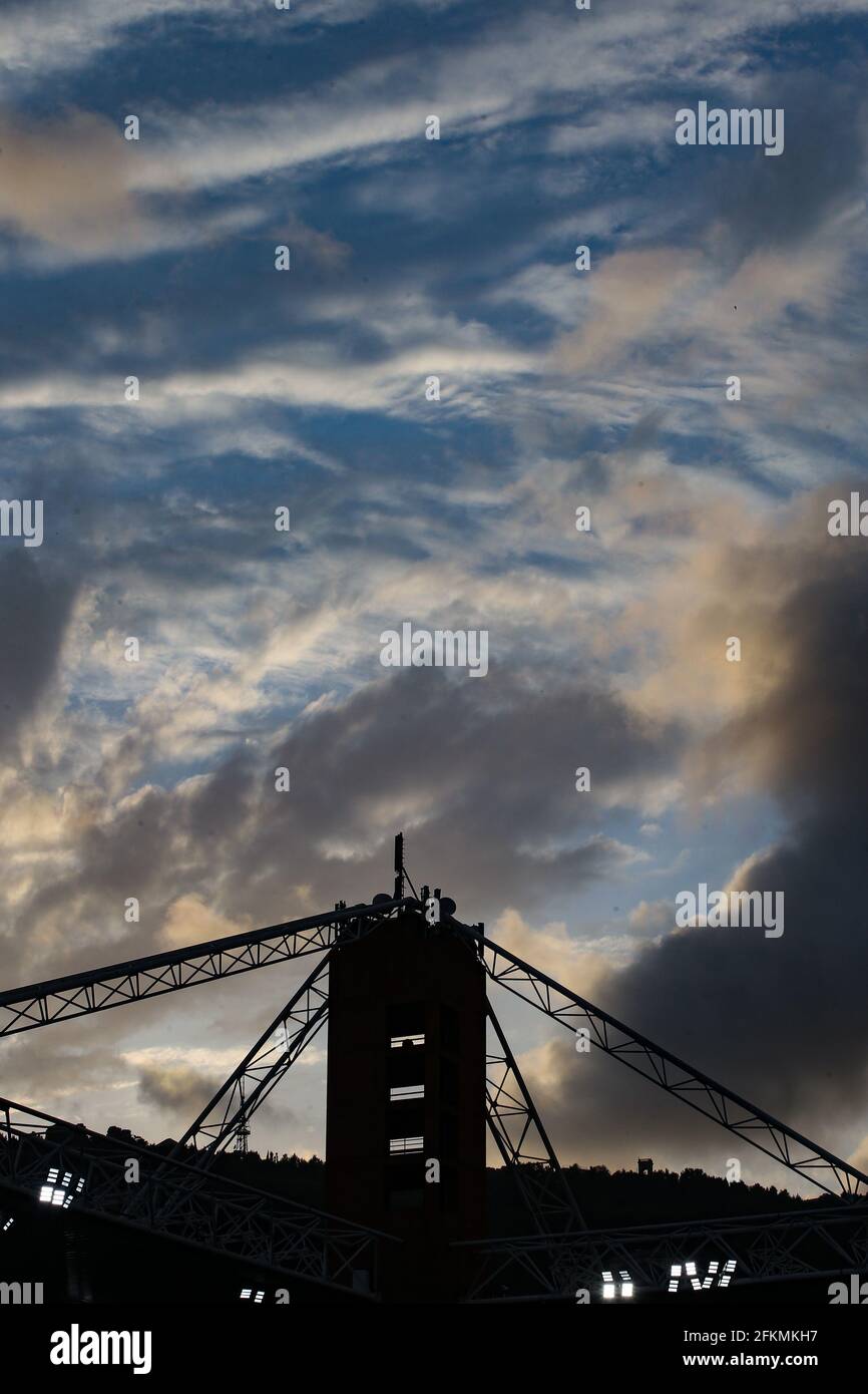 Genoa, Italy, 2nd May 2021. A stadium tower is pictured silhouetted against  the sunset prior to the Serie A match at Luigi Ferraris, Genoa. Picture credit should read: Jonathan Moscrop / Sportimage Stock Photo