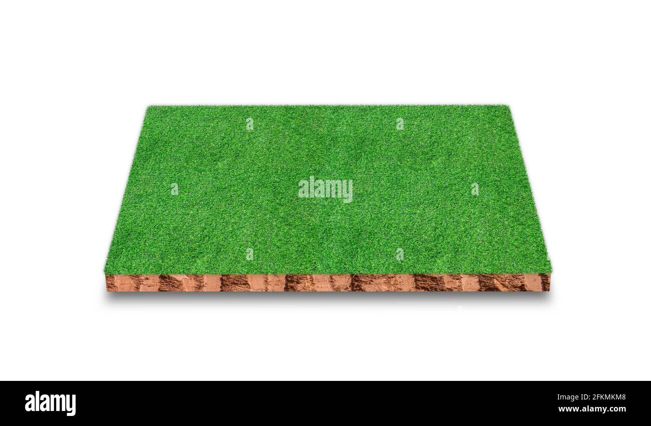 Soil cubic cross section with green grass field isolated on white ...