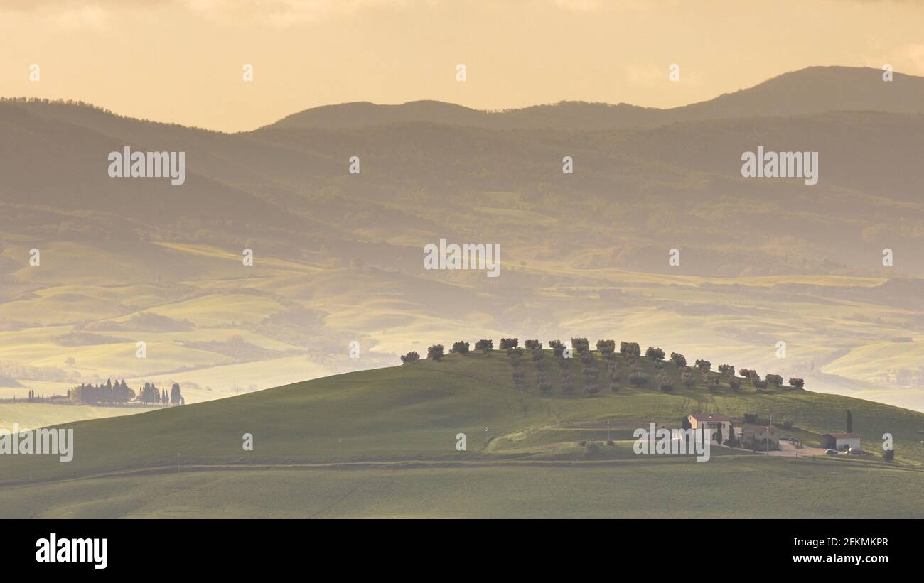 Tranquil landscape image of foggy hills in Tuscany, Italy, April. Stock Photo