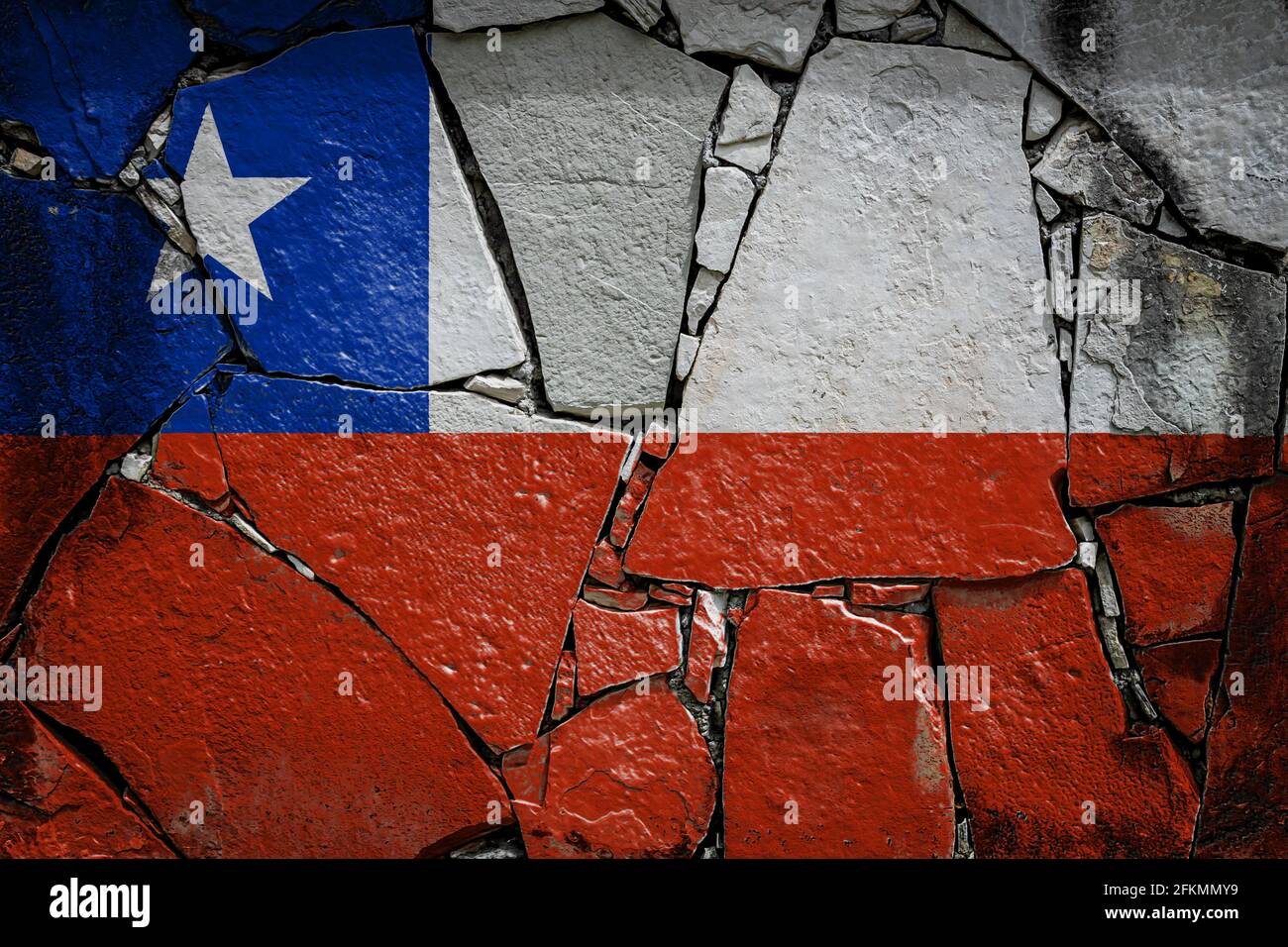 National flag of Chile depicting in paint colors on an old stone wall ...
