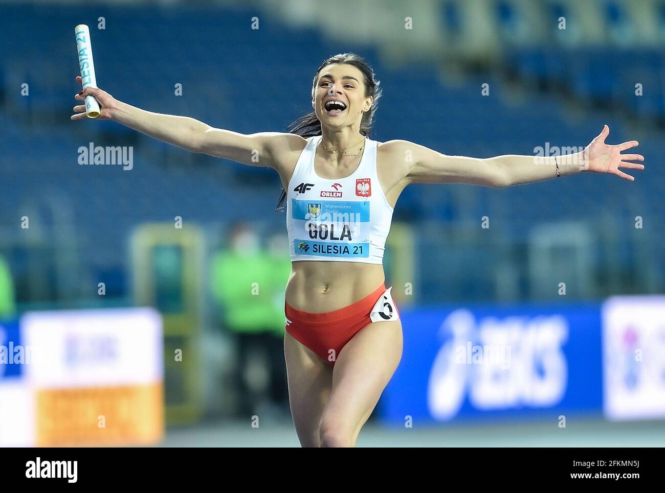 Chorzow, Poland. 2nd May, 2021. Marlena Gola of Poland reacts after the 4x200 Metres Relay Women Final the World Athletics Relays Silesia21 at Silesian Stadium in Chorzow, Poland, May 2, 2021. Credit: Rafal Rusek/Xinhua/Alamy Live News Stock Photo