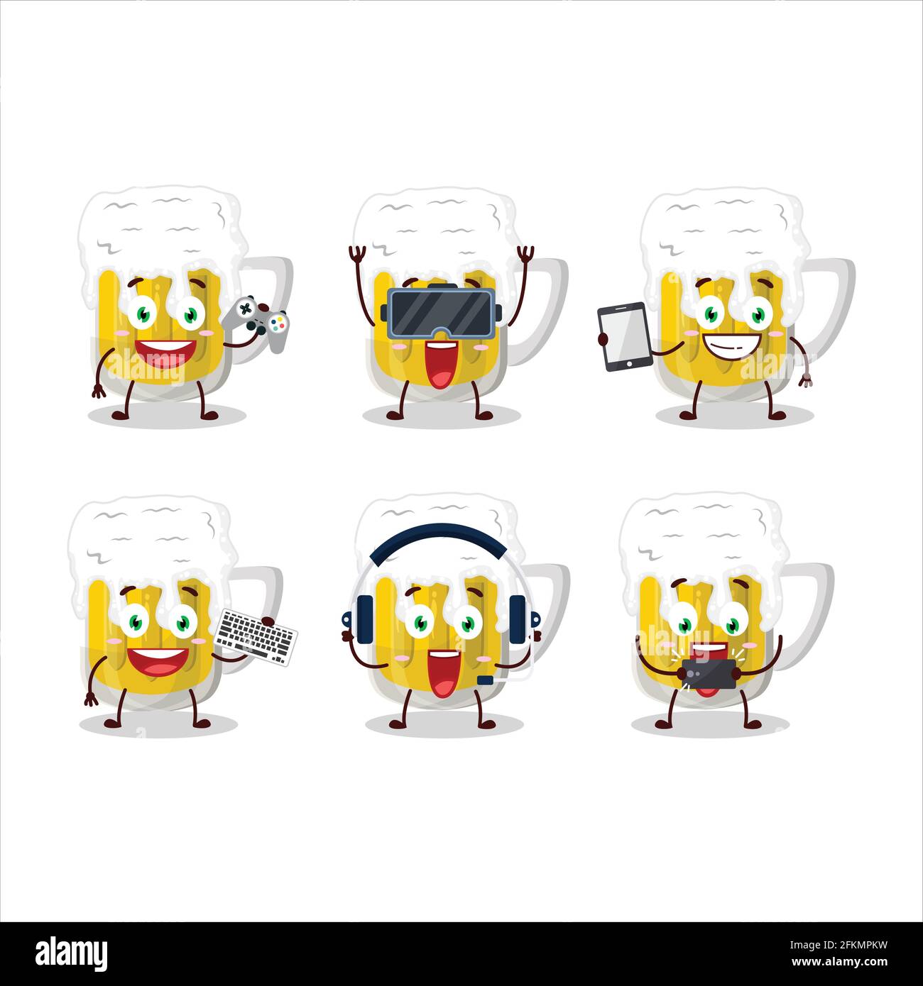Beer cartoon character are playing games with various cute emoticons