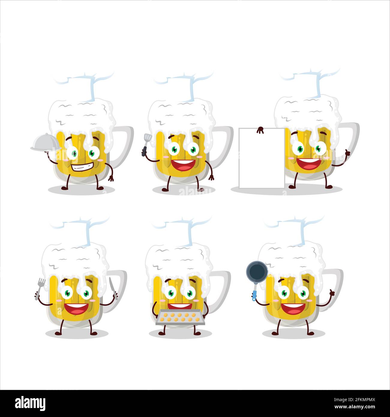 Cartoon character of beer with various chef emoticons. Vector
