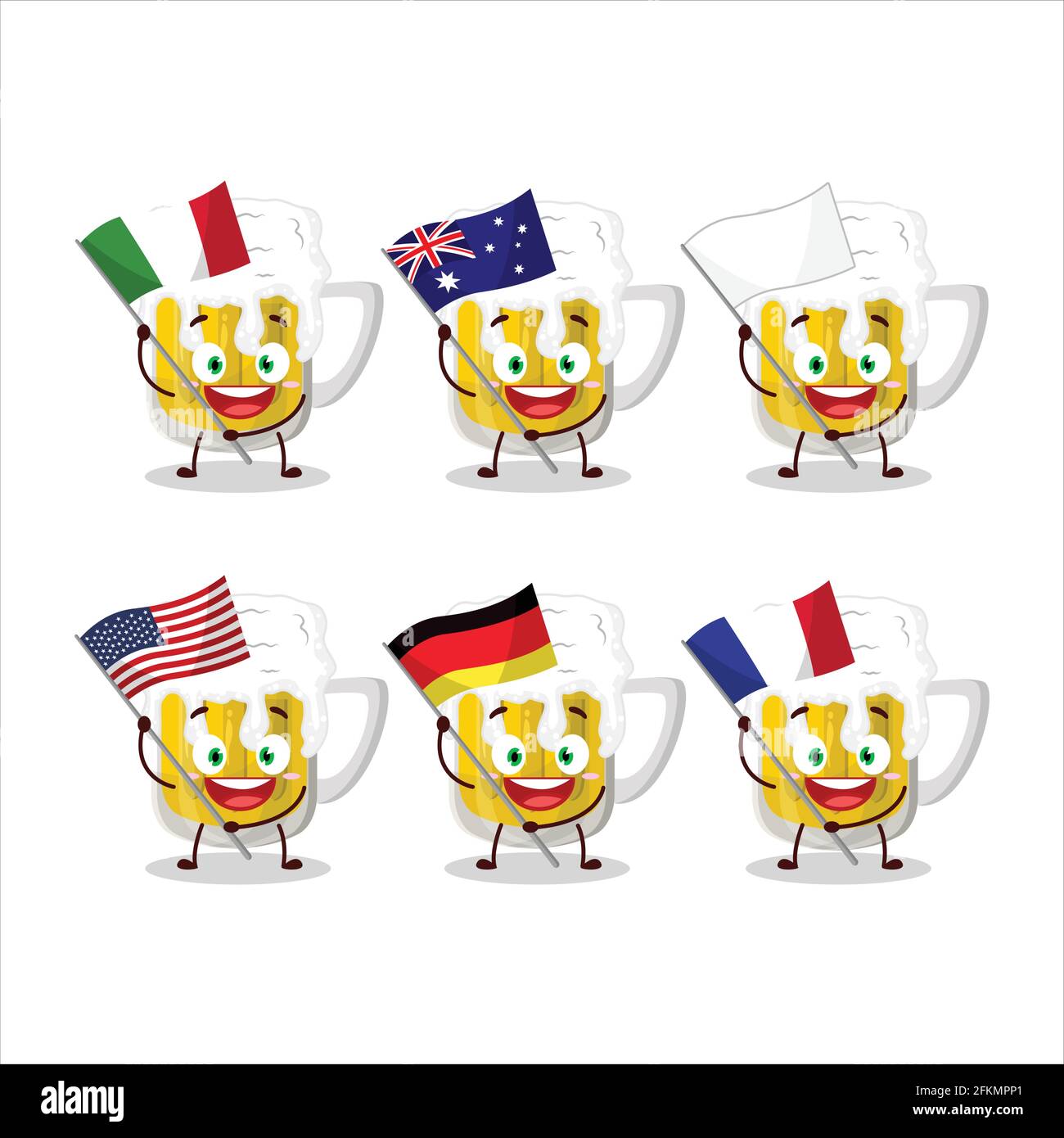 Beer cartoon character bring the flags of various countries. Vector illustration Stock Vector