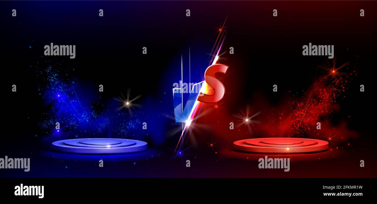 Versus VS sign with blue and red empty podiums or pedestals, glow