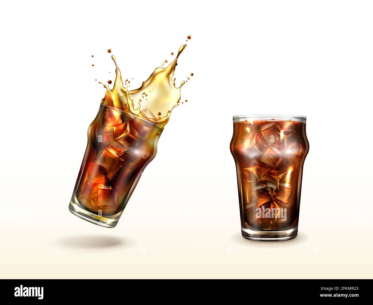 Splash cola, soda, cold tea or coffee with ice cubes. Splashing