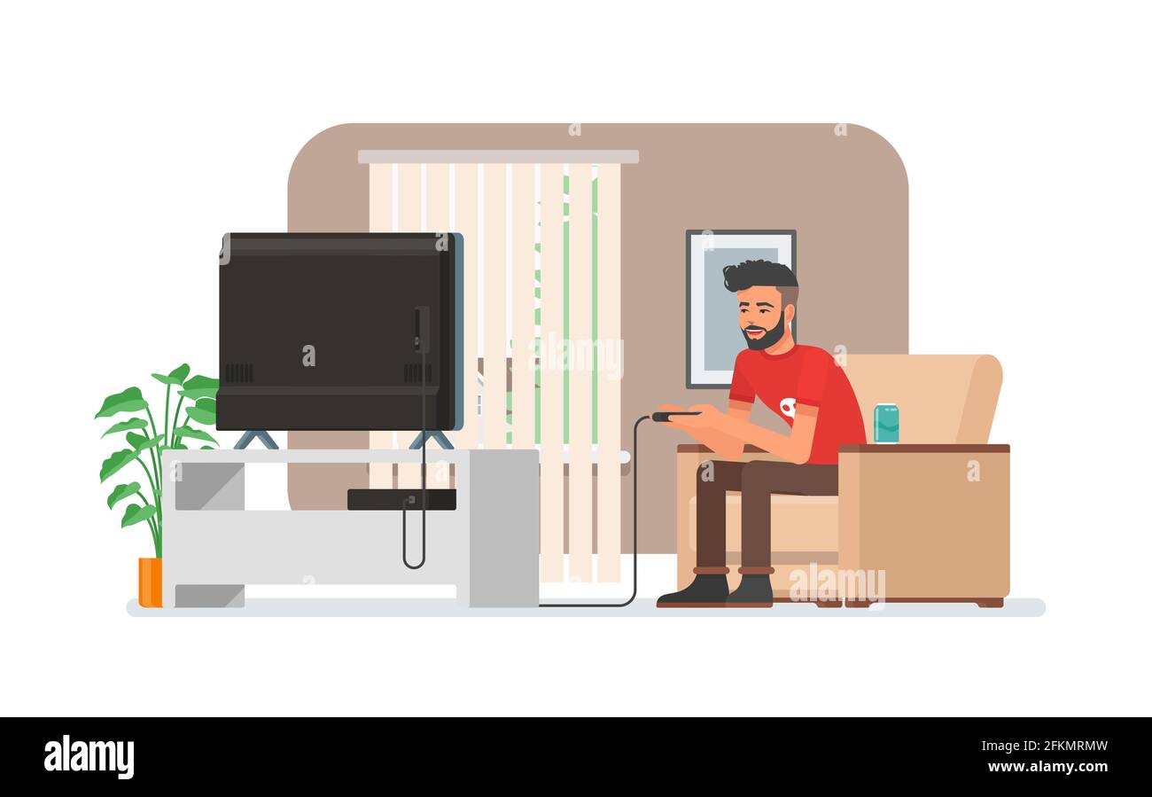 Smiling man playing video game console at home. Vector illustration with the hipster guy sits on sofa, holds game controller and watches TV. Room Stock Vector