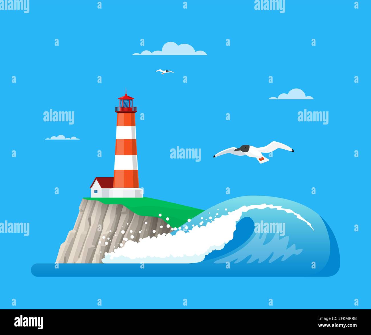 Vector illustration of seascape with lighthouse in flat style Stock ...
