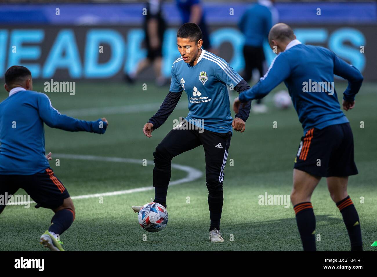 Seattle Sounders forward Raul Ruidiaz (9) warming up before the first half of an MLS match against the LA Galaxy at Lumen Field, Tuesday, May 2, 2021, Stock Photo