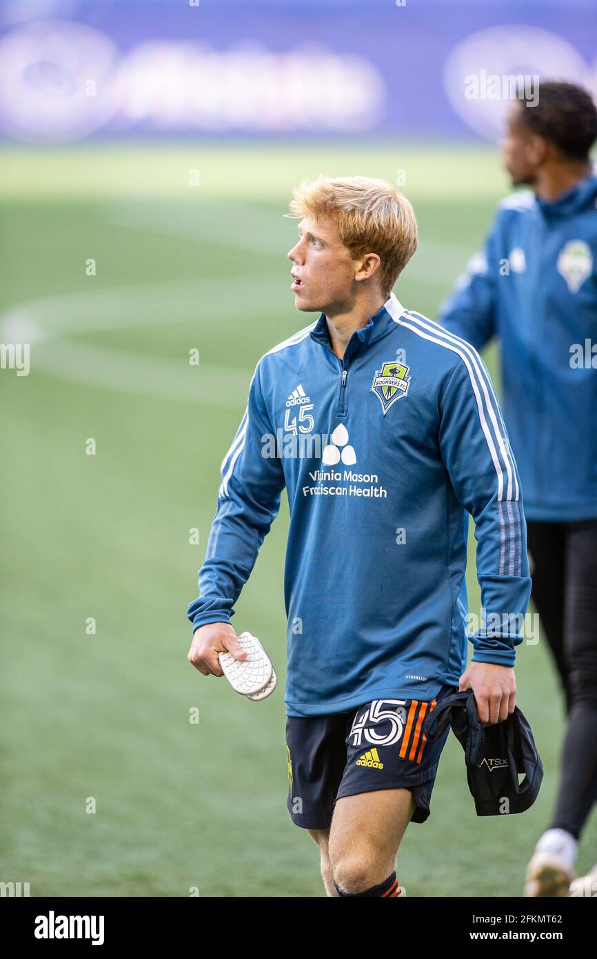 Seattle Sounders midfielder Ethan Dobbelaere (45) walking onto the pitch before the first half of an MLS match against the LA Galaxy at Lumen Field, T Stock Photo
