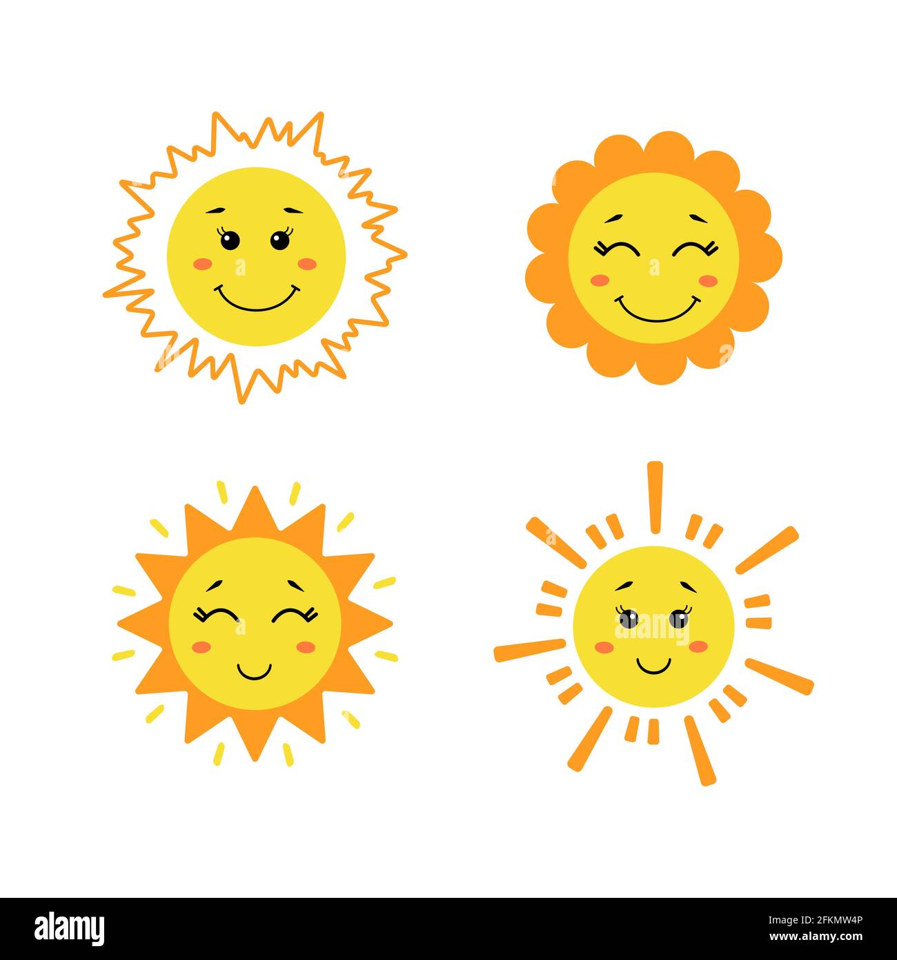 Set of cute hand drawn sun. Yellow funny suns with different emotions isolated on white background. Vector childish illustration in flat cartoon style Stock Vector