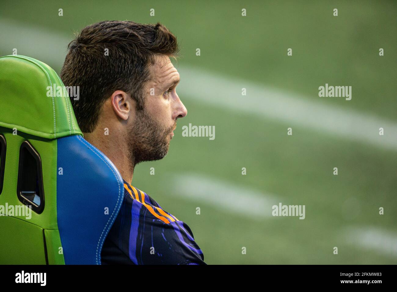 Seattle Sounders defender Will Bruin (17) watches the match from the sideline during the second half of an MLS match against the LA Galaxy at Lumen Fi Stock Photo