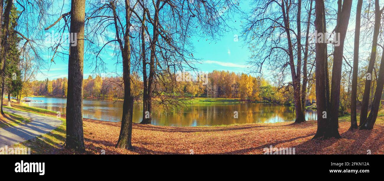 Sunny autumn nature panoramic landscape with calm lake in city park and bare trees during october evening.Fall bright colors Stock Photo