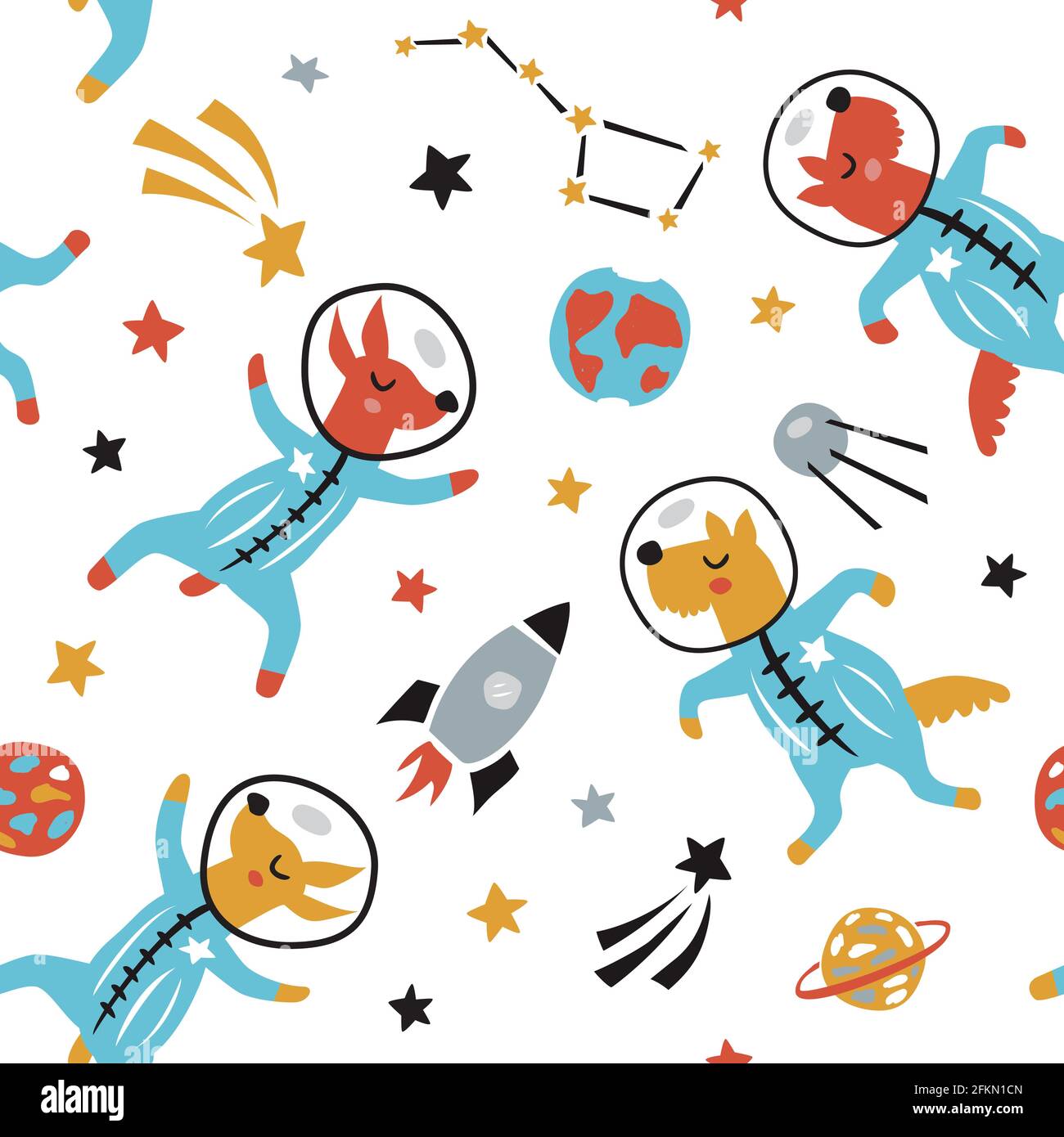 Childish seamless pattern with cute dogs in space. Creative texture for fabric, textile Stock Vector