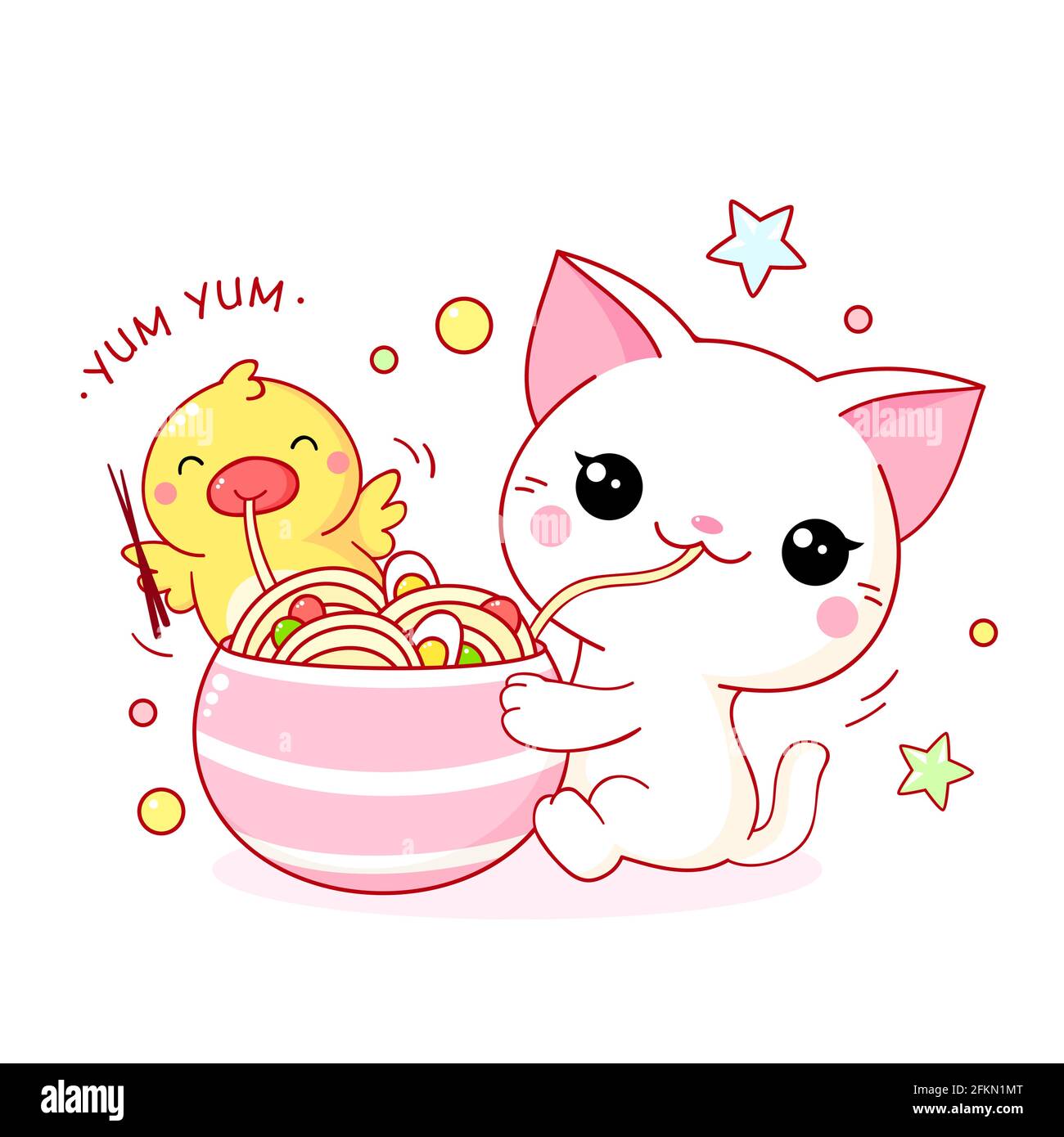 Cute white cat and yellow duck eat ramen noodles. Inscription Yum Yum. Two  friends - kitten and duckling are happy to eat noodles. Illustration in kaw  Stock Vector Image & Art - Alamy