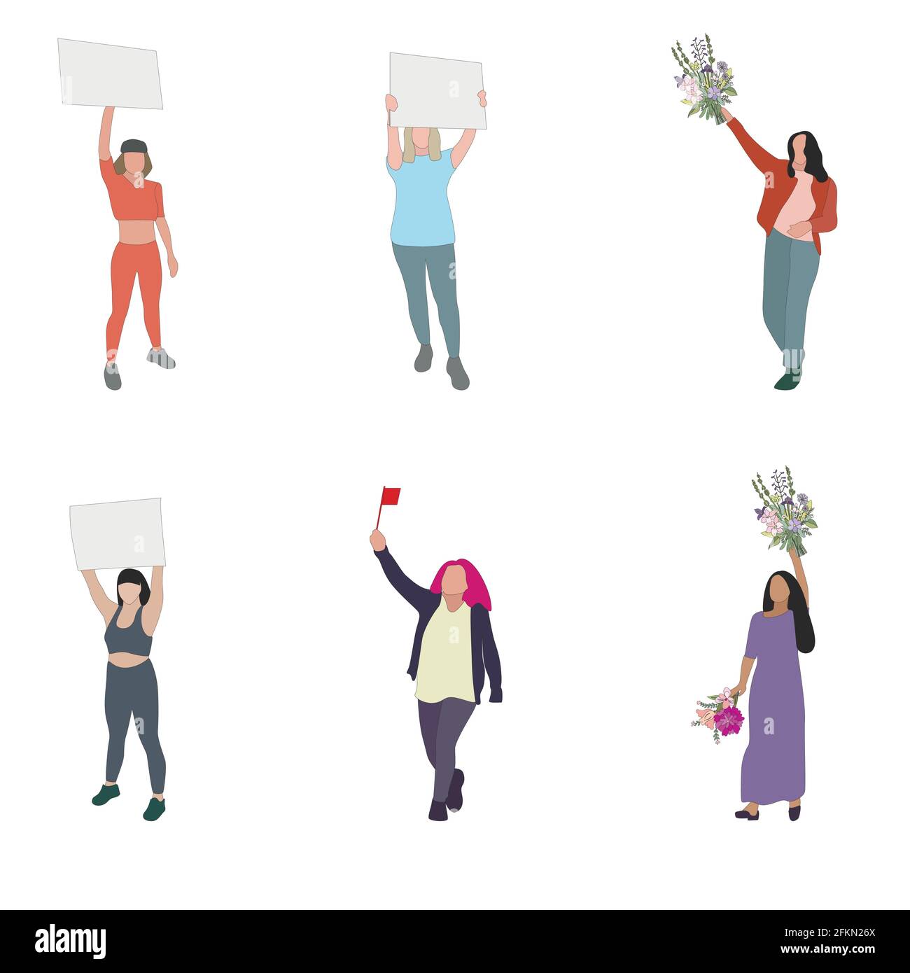 Women protester set isolated, woman and girl with placard. Vector women political rights, collection of protest people, design politics activism illus Stock Vector