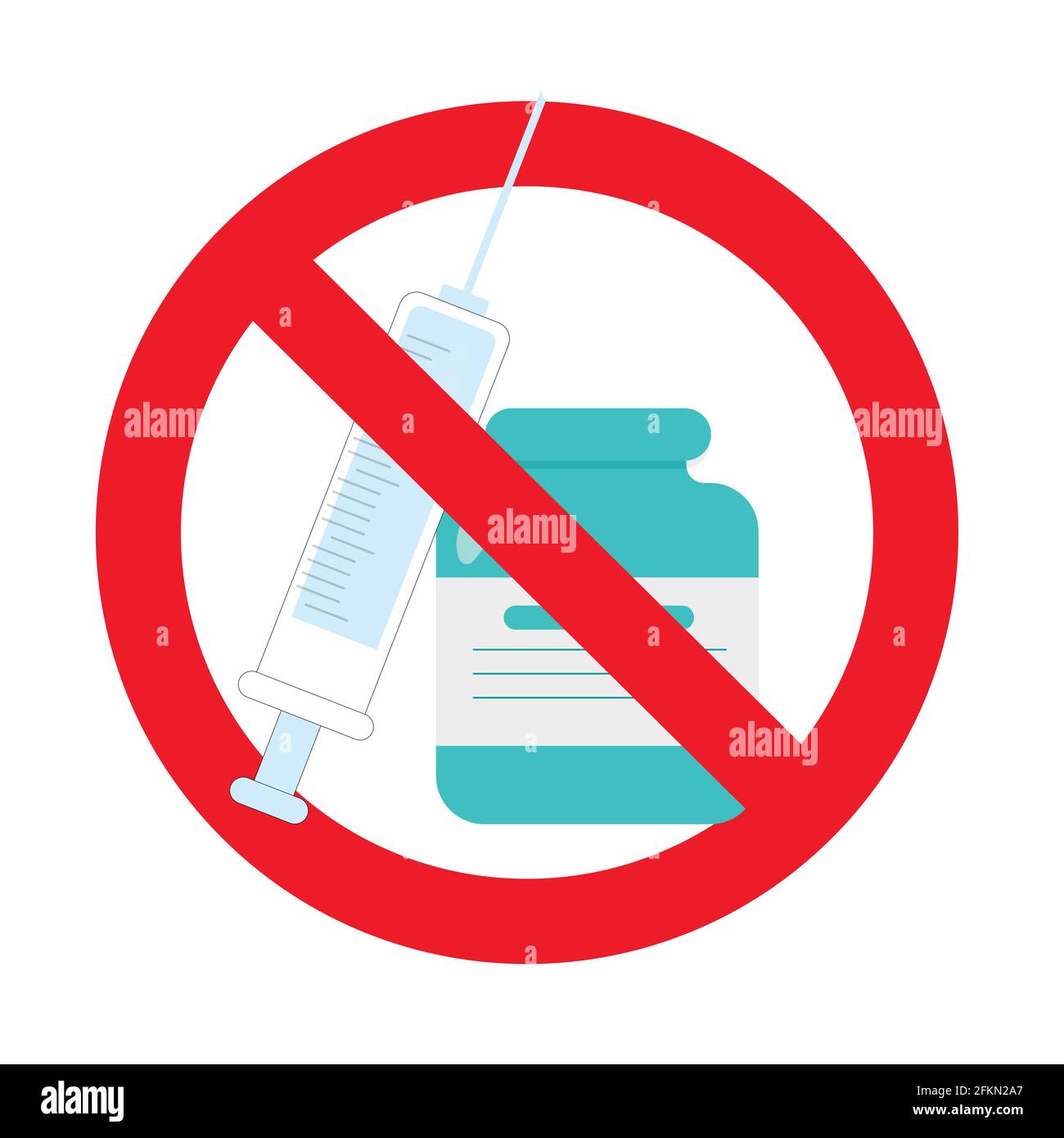 Ban covid vaccine, poster caution and protest, protection health, pharmacy attention, badge ban inject and shot, stop vaccination coronavirus and infl Stock Vector