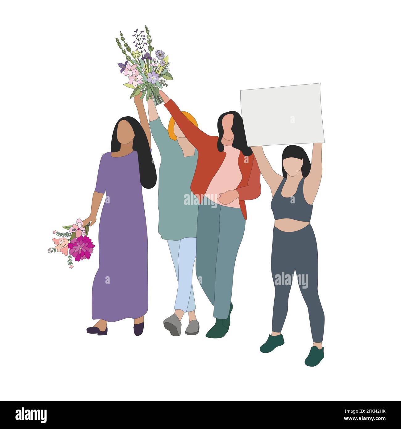Women group with flowers and placards, struggle for peace and woman rights. Female crowd with banner, gender team cartoon, lady movement sisterhood il Stock Vector