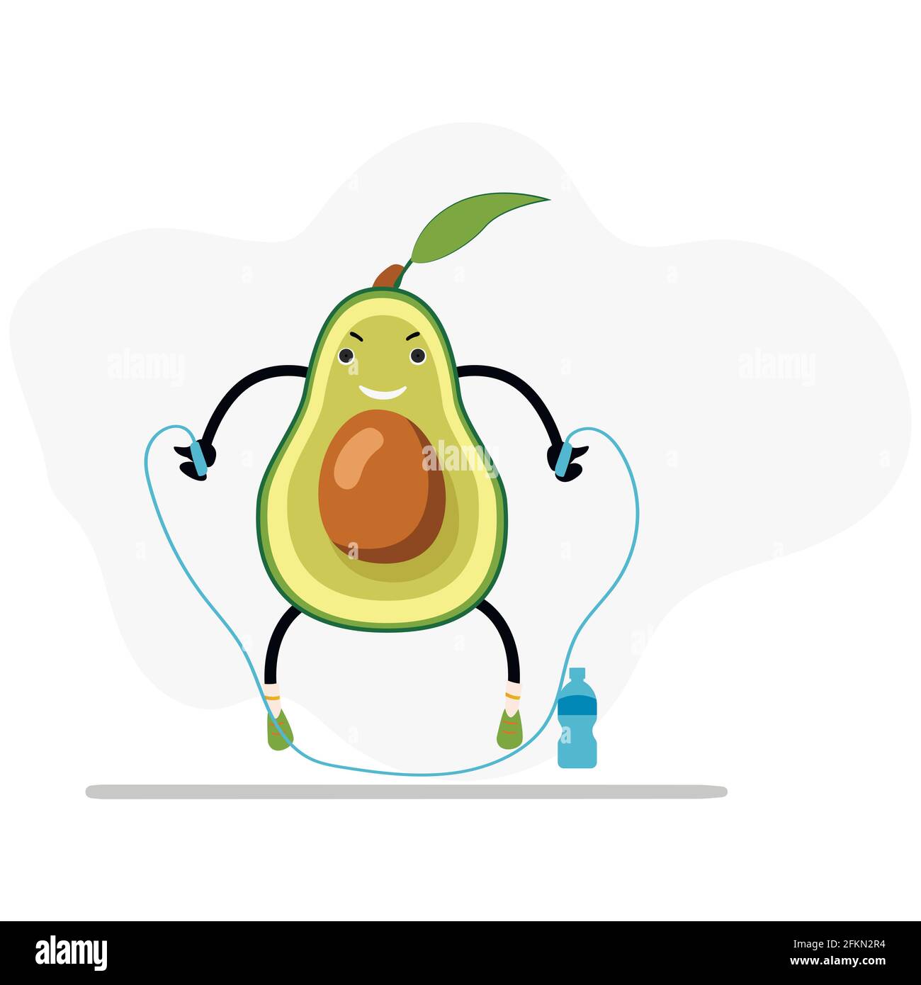 Avocado jump with skipping rope, healthy and useful. Avocado cartoon, sport workout, healthy organic, active exercise and concept vegetarian mascot, v Stock Vector