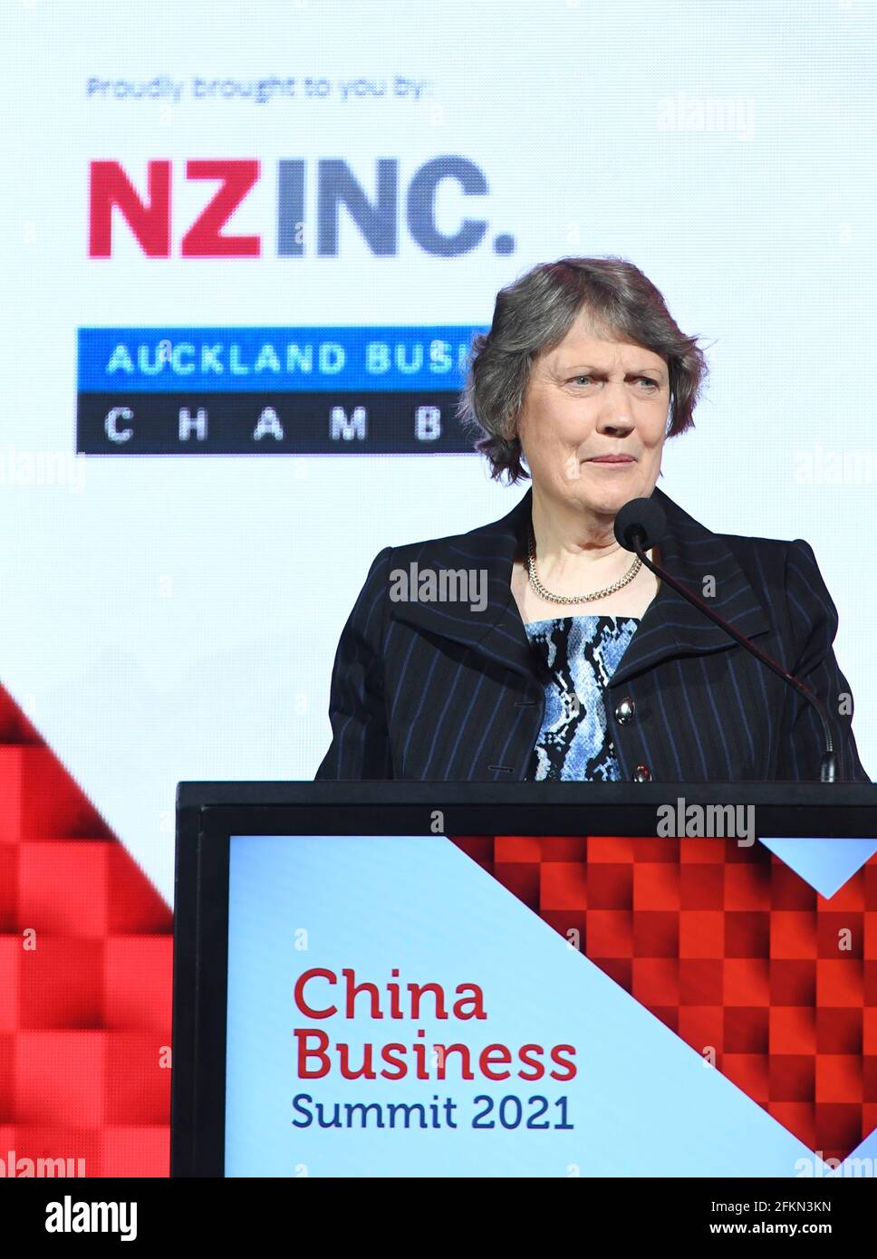 Auckland, New Zealand. 3rd May, 2021. Former Prime Minister of New Zealand Helen Clark delivers a speech at the China Business Summit 2021 in Auckland, New Zealand, May 3, 2021. The China Business Summit 2021 highlighted the importance of China-New Zealand relations and cooperation on Monday. Credit: Guo Lei/Xinhua/Alamy Live News Stock Photo