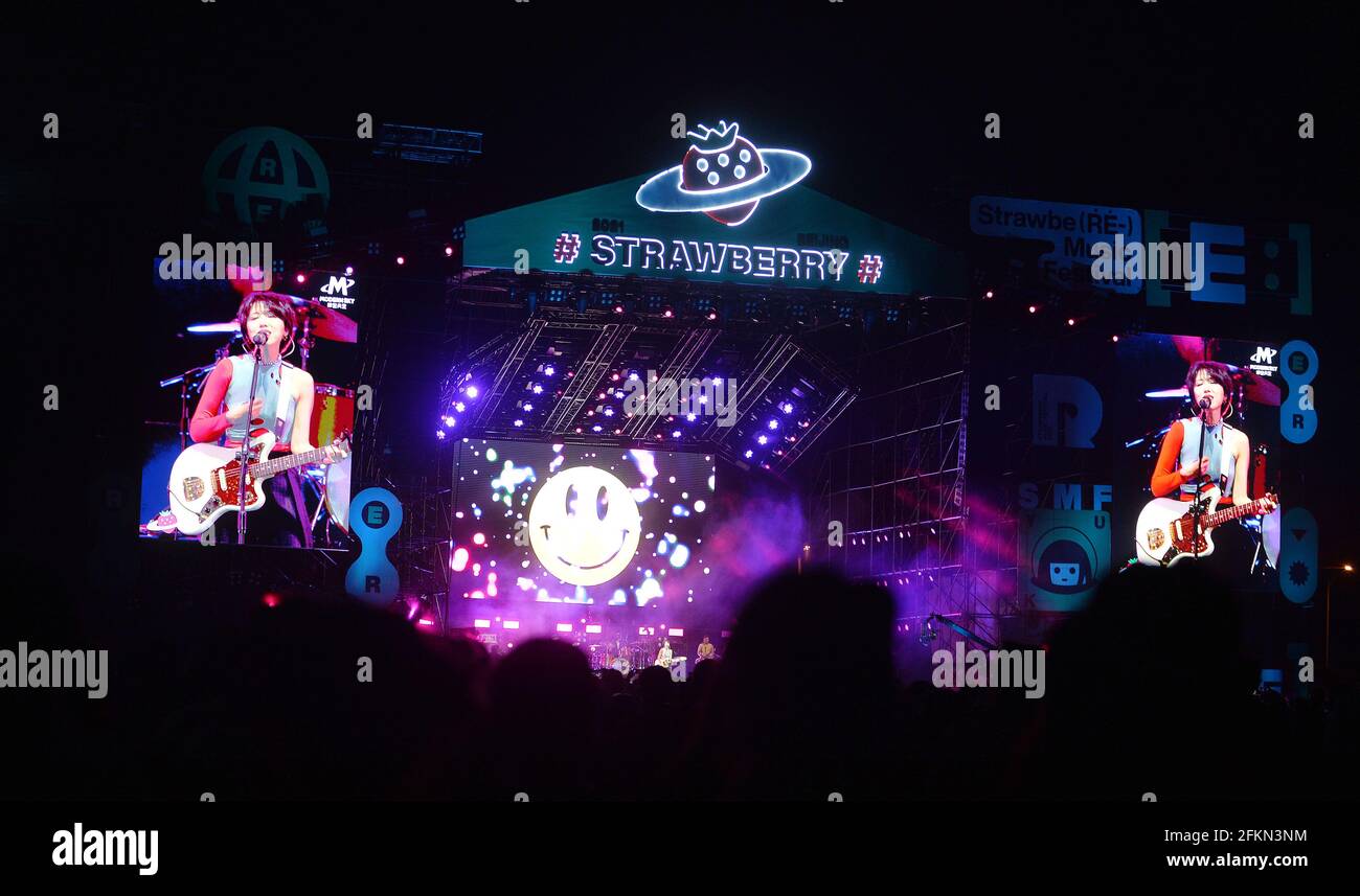 Beijing, China. 2nd May, 2021. A band performs at the Strawberry Music Festival in Beijing, capital of China, May 2, 2021. The 2021 Strawberry Music Festival is held at Beijing Expo Park from May 2 to May 4. Credit: Xiao Xiao/Xinhua/Alamy Live News Stock Photo