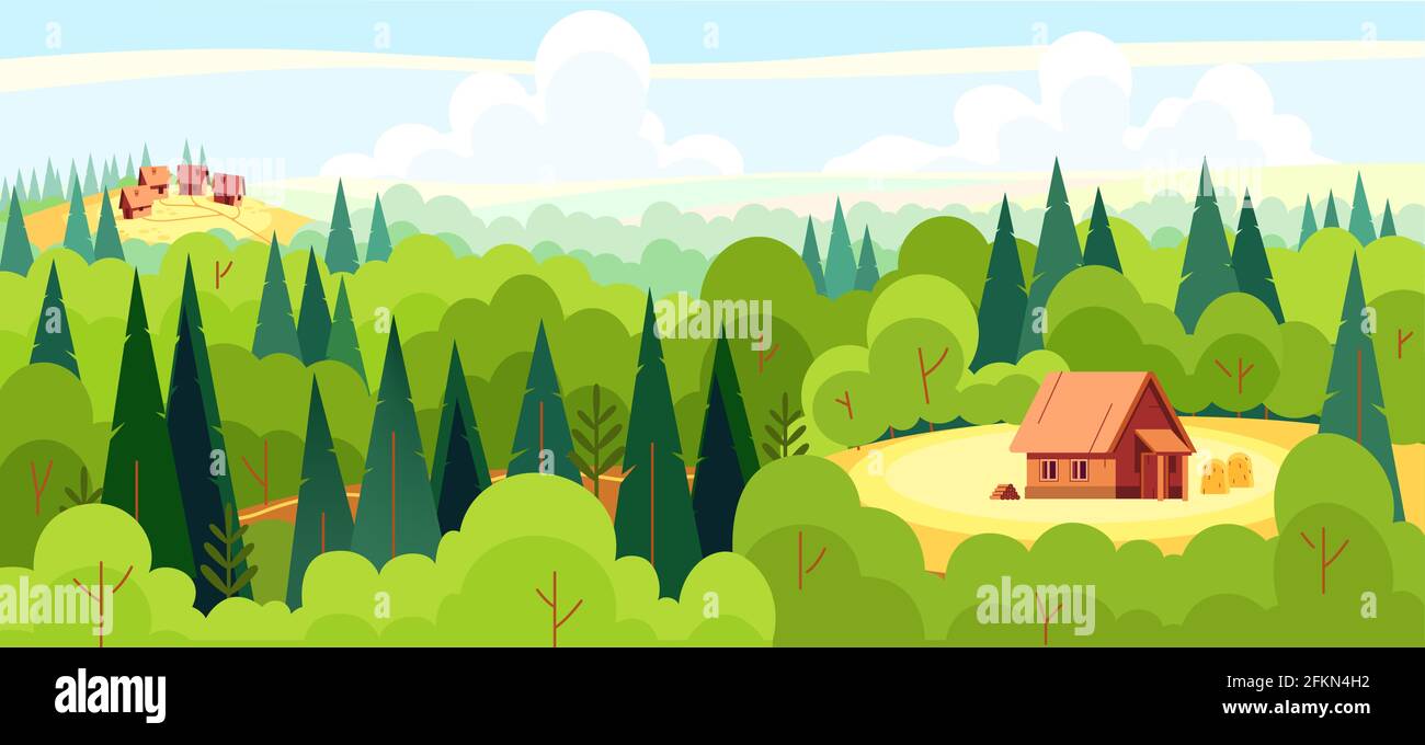 Medieval fairy tale magical landscape panorama with a village and a fairy tale character's house in the middle of a deep forest. Cartoon flat style Stock Vector