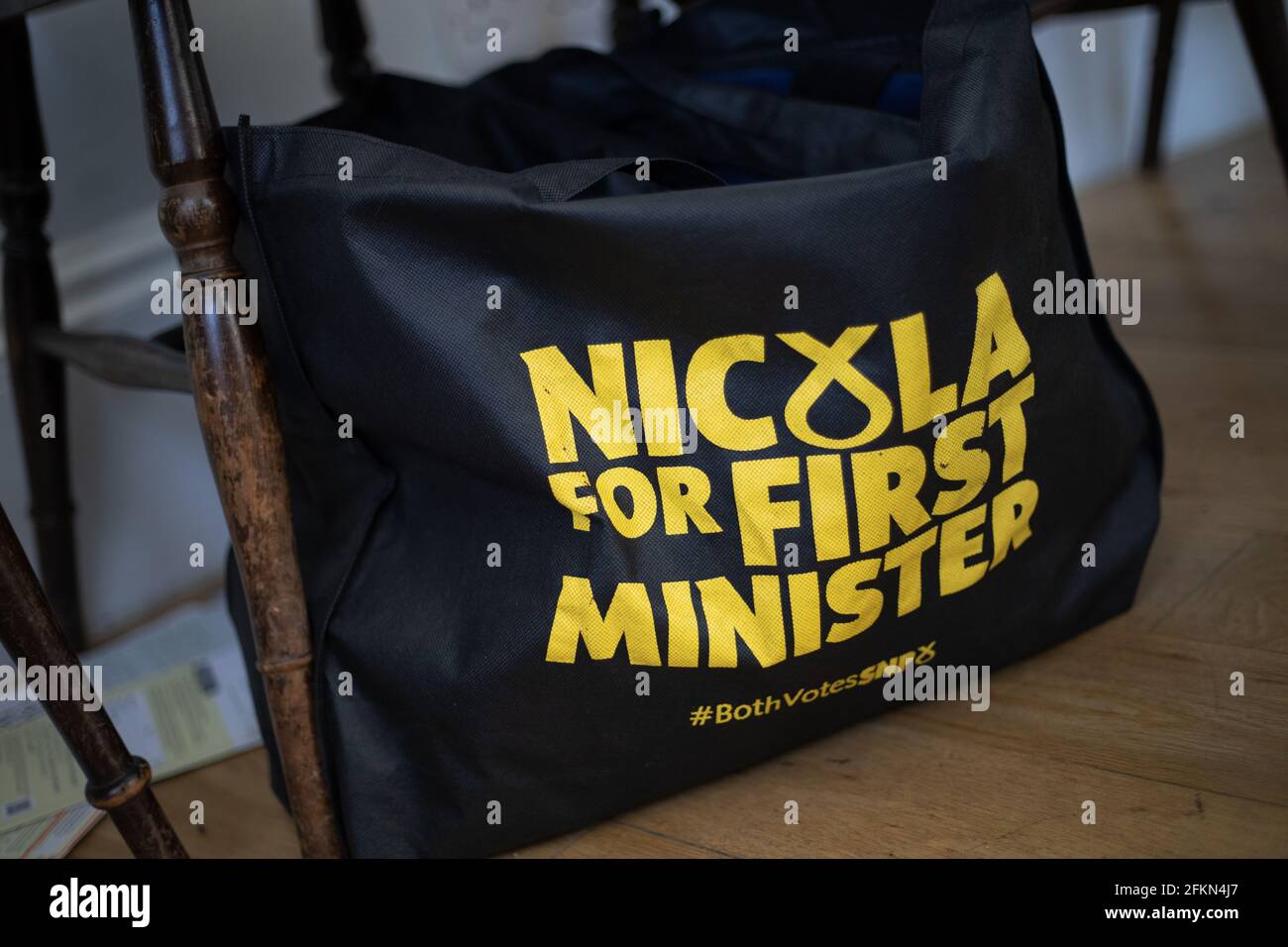 Scottish National Party campaign materials, ahead of the May 6th Scottish parliamentary elections, in Edinburgh, Scotland, on 14 April 2021. Stock Photo