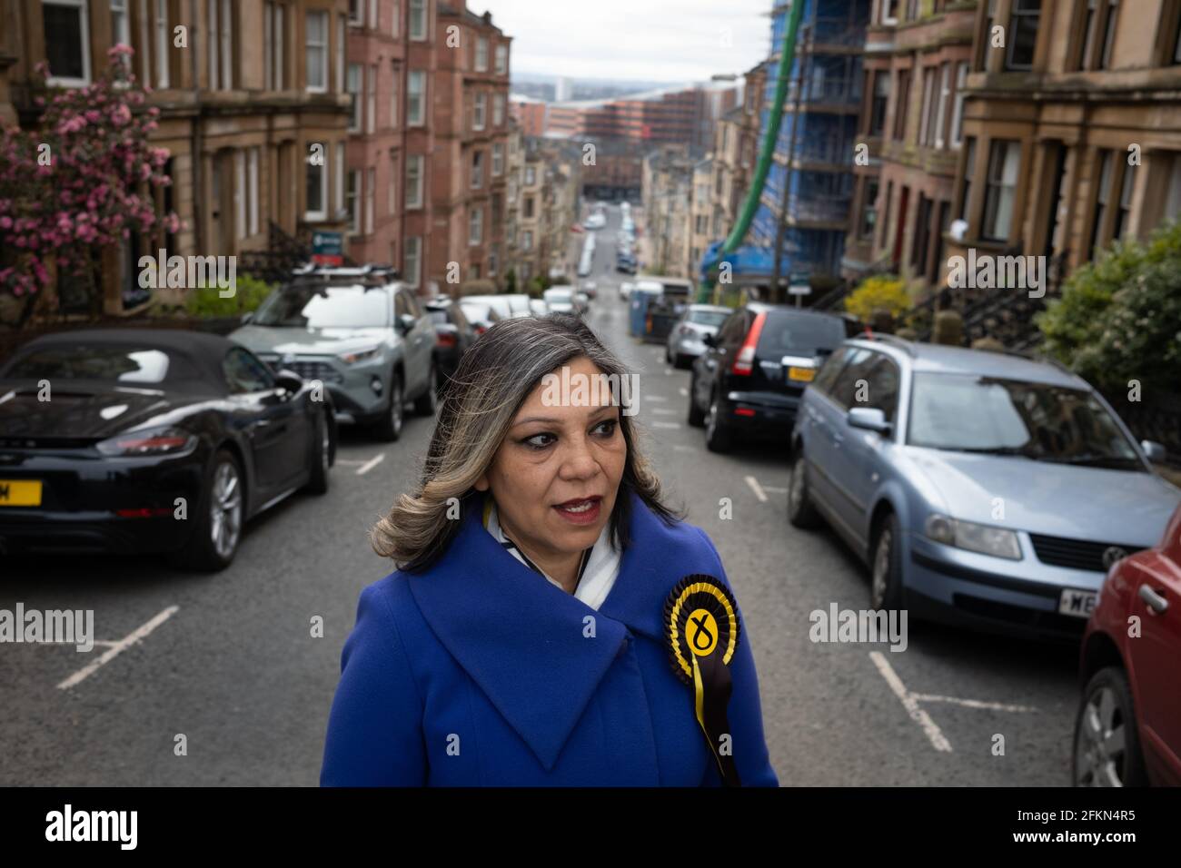 Kaukab Stewart, candidate for the Scottish National Party, in the Glasgow Kelvin constituency, in Glasgow, Scotland, on 13 April 2021. Stock Photo