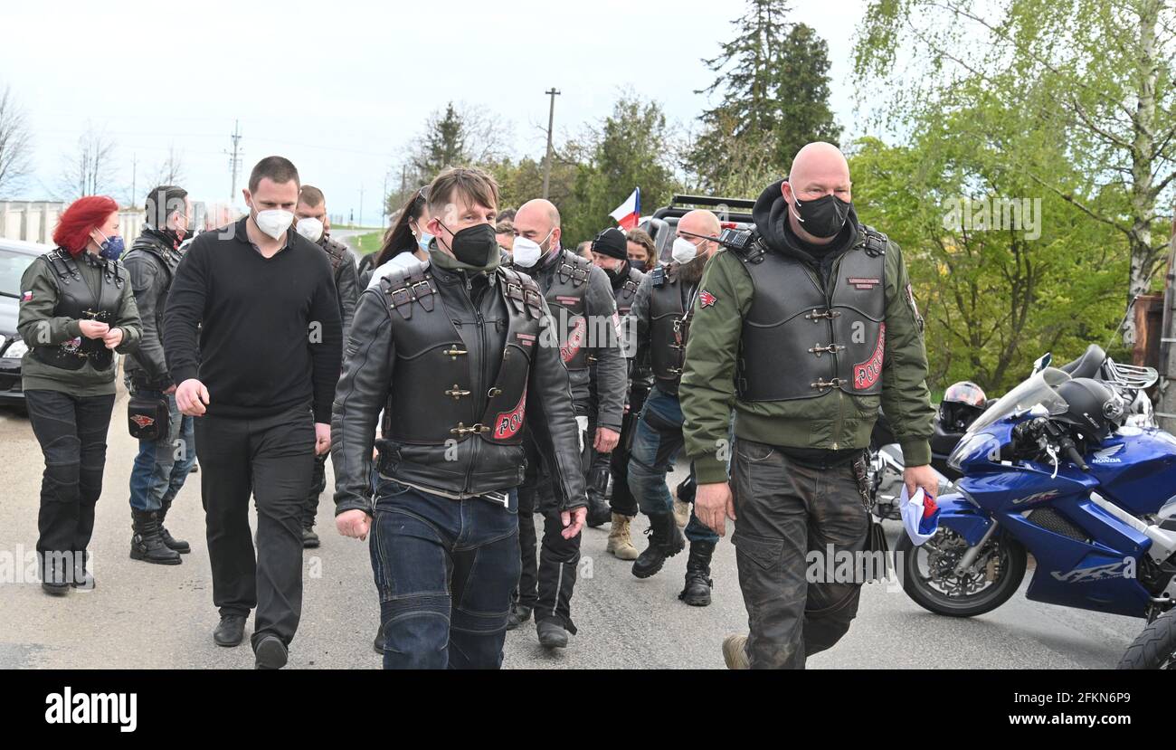 Orechov, Czech Republic. 02nd May, 2021. Bikers from the Russian nationalist Night Wolves motorcycle club will not arrive in Czechia within their tour of Europe to pay homage to the fallen Soviet soldiers this year either over the anti-COVID epidemic and only their Czech supporters attended an event in Orechov, Czech Republic, May 2, 2021. Credit: Igor Zehl/CTK Photo/Alamy Live News Stock Photo