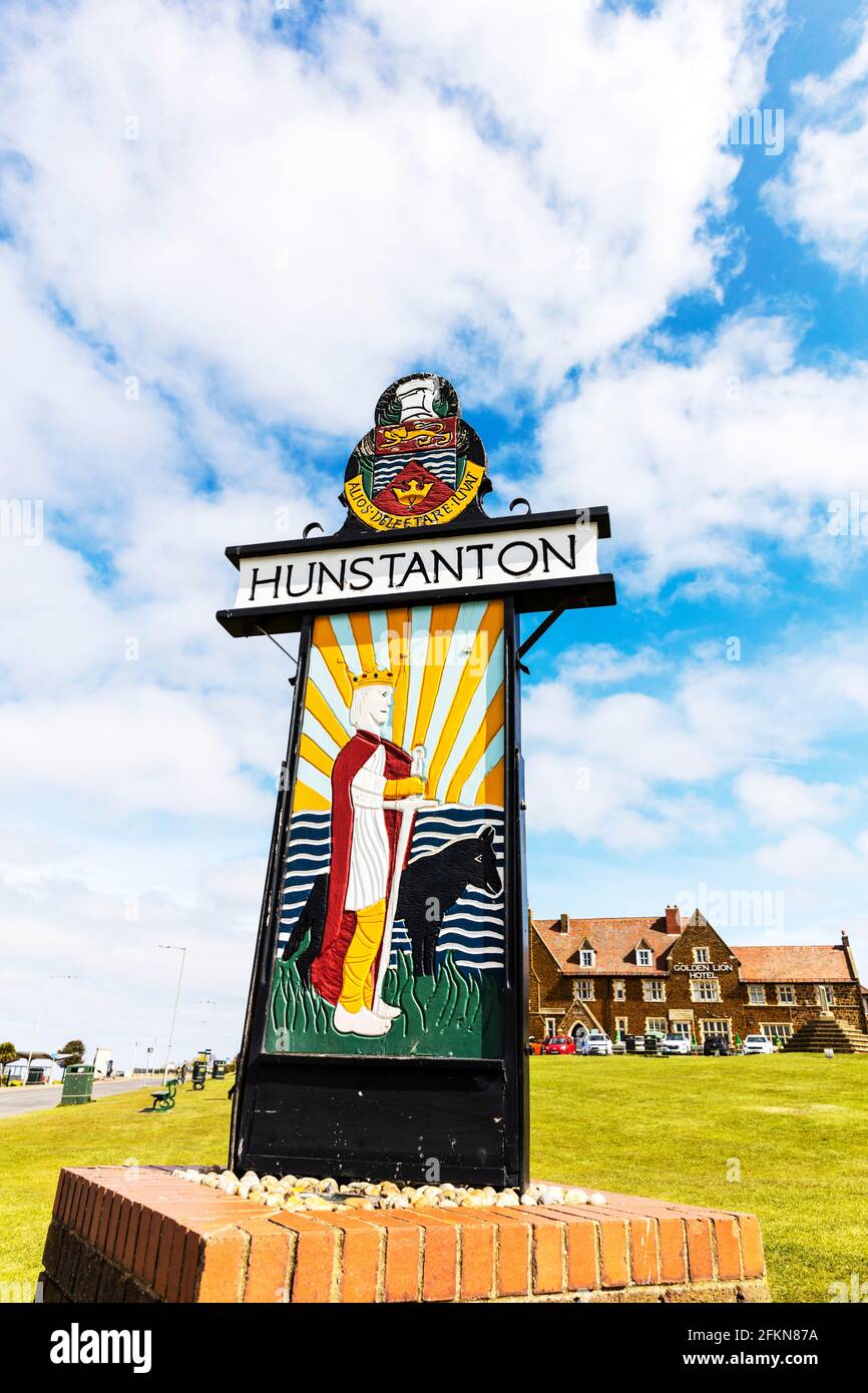 Hunstanton, Norfolk, UK, England, Hunstanton Town sign, Hunstanton sign, Hunstanton town, Hunstanton Norfolk, Hunstanton UK, town,towns,sign,signs, Stock Photo