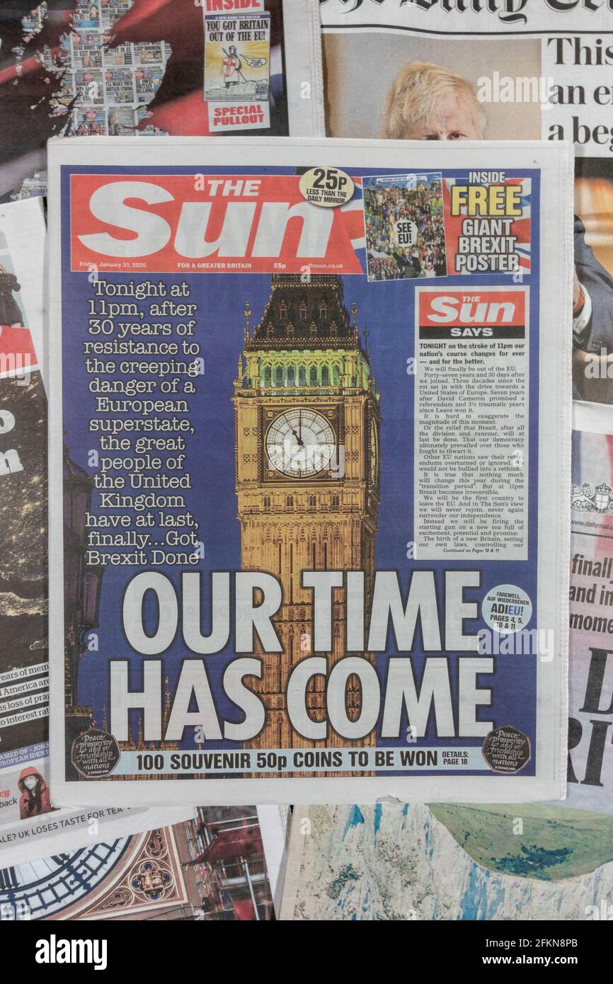 Front page of The Sun ('Our Time Has Come') on 31st January 2020 on the day the UK was going to 'Brexit' from the European Union. Stock Photo