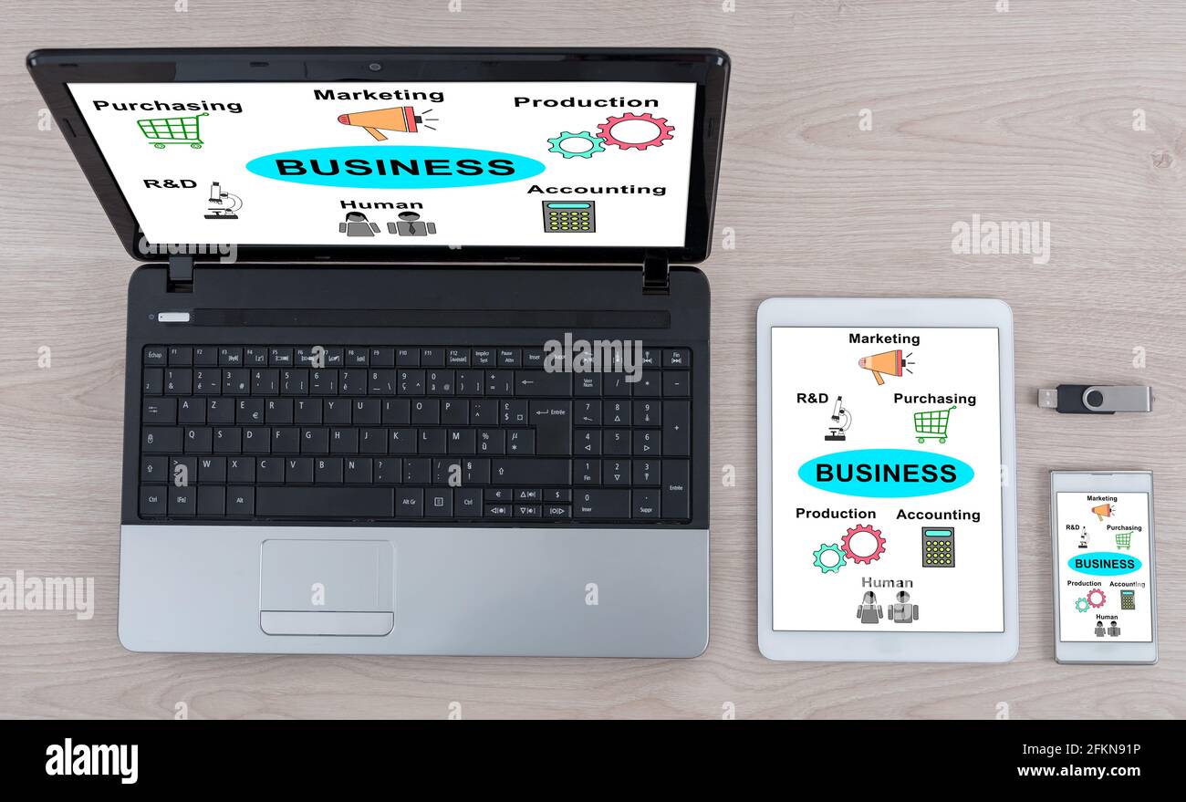Business structure concept shown on different information technology devices Stock Photo