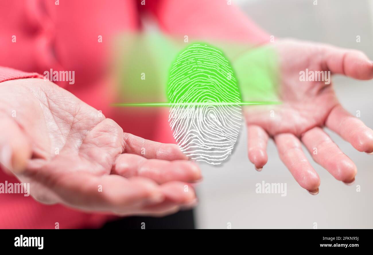 Fingerprint security system concept above the hands of a woman in