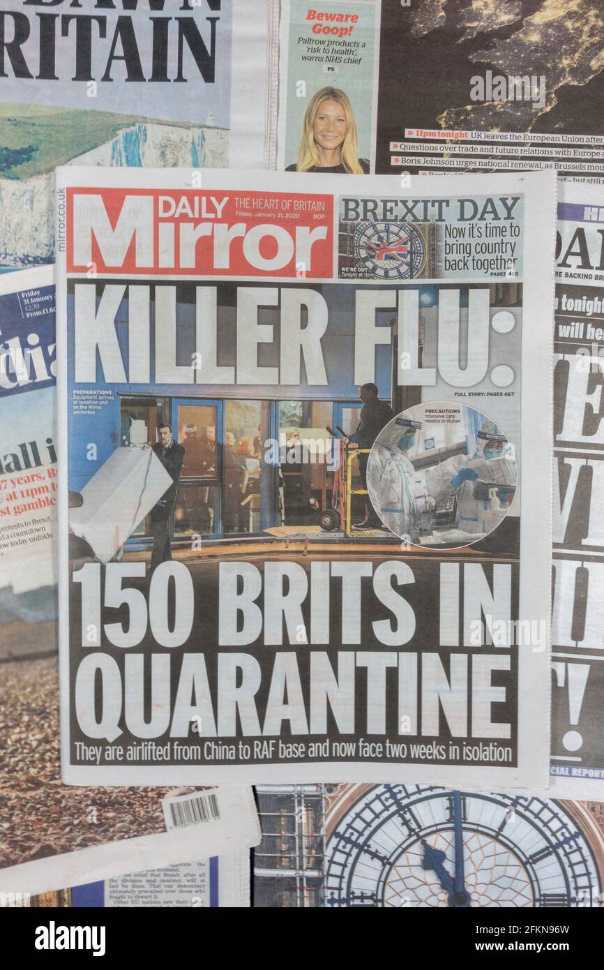 Front page of the Daily Mirror ('Killer flu: 150 Brits in quarantine') on 31st January 2020 on the day of the UK's 'Brexit' from the European Union. Stock Photo