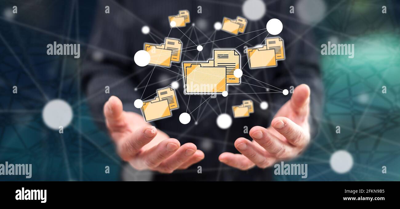 Data connection concept above the hands of a man in background Stock ...