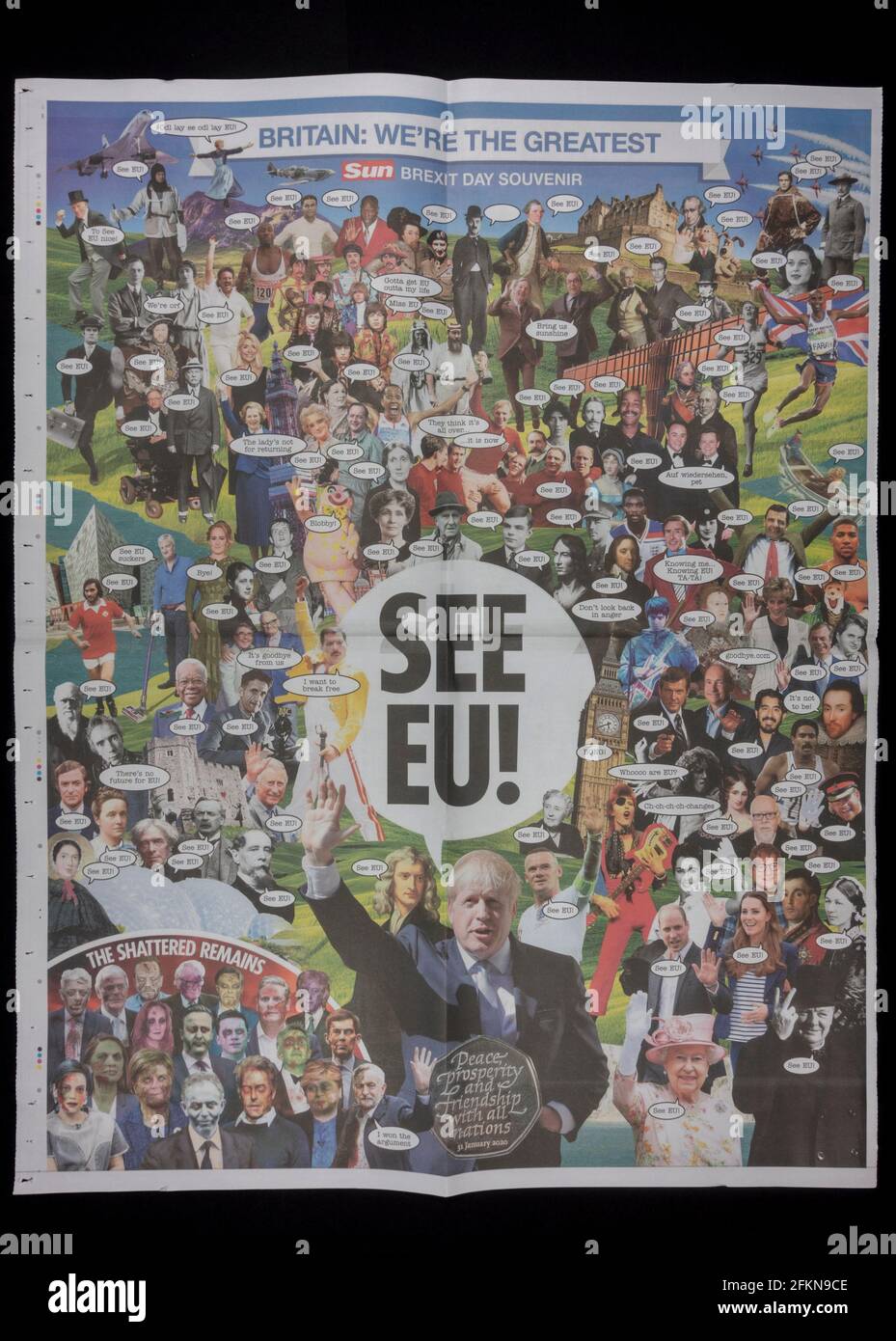 Double centre page pullout from The Sun on 31st January 2020 on the day the UK was going to 'Brexit' from the European Union. Stock Photo