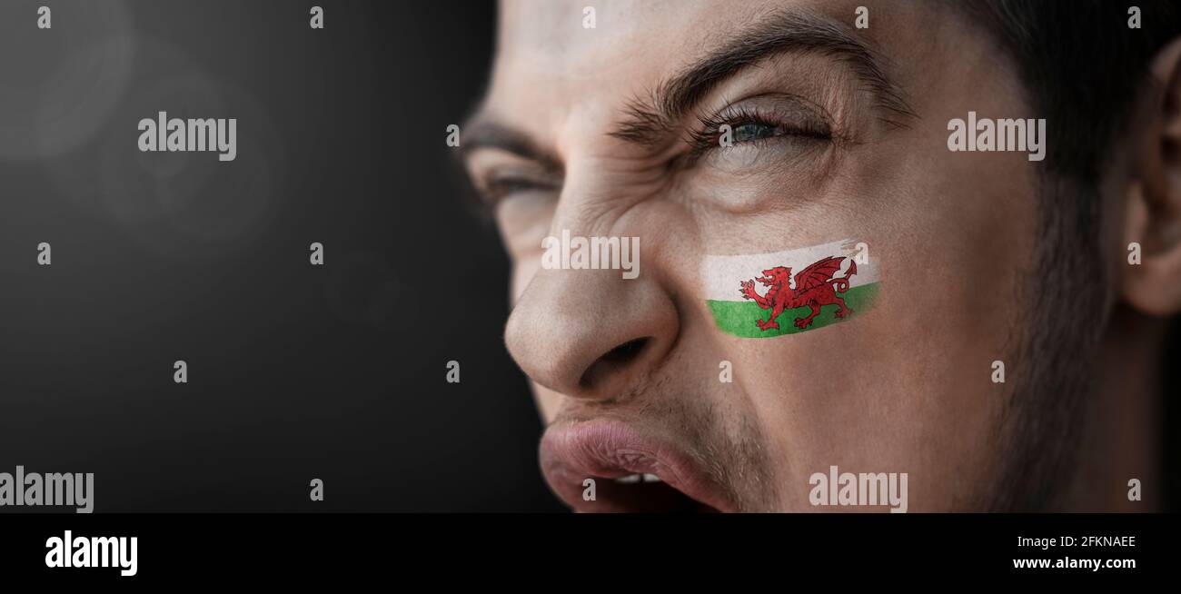 A screaming man with the image of the Wales national flag on his face Stock Photo
