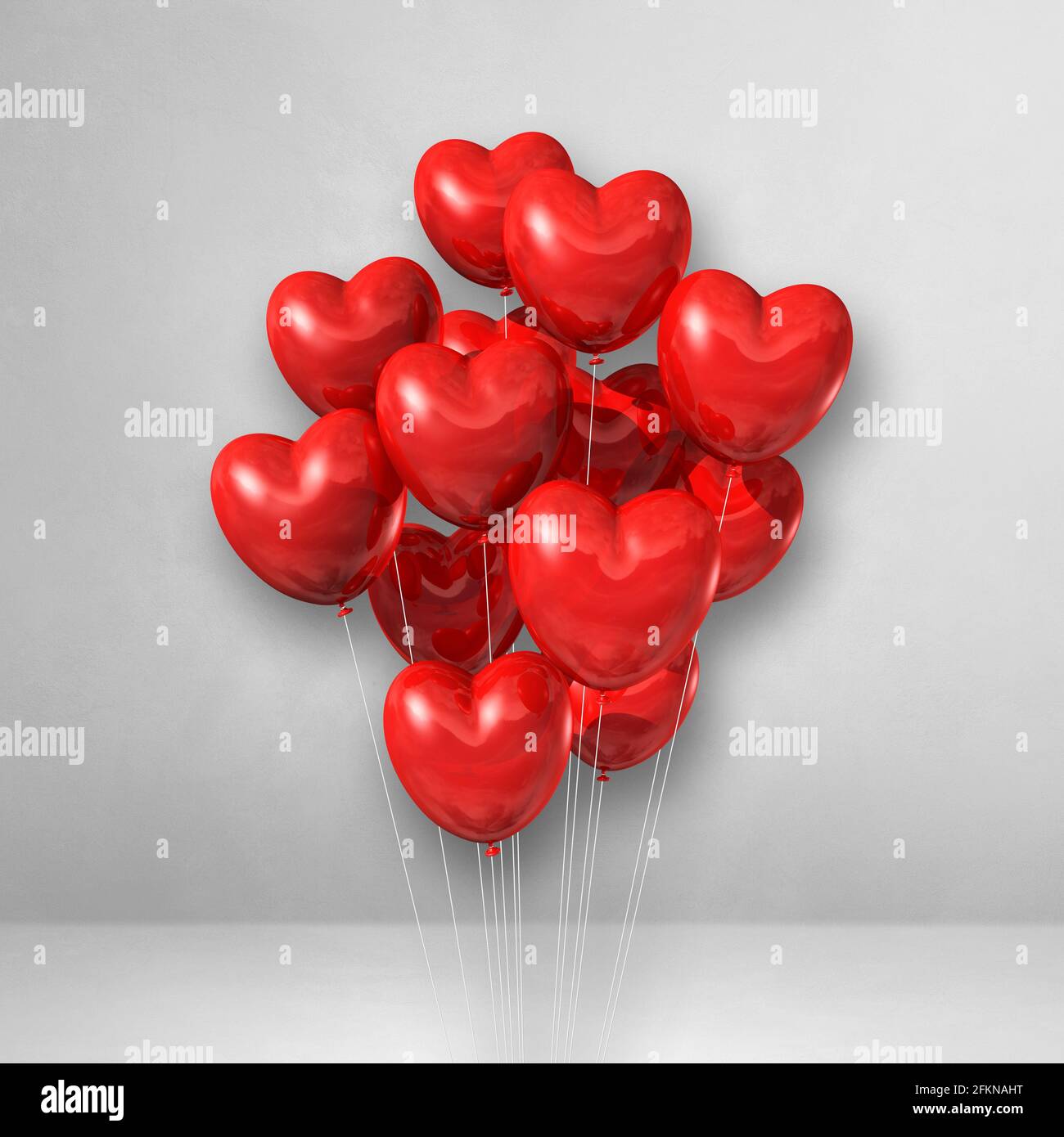 Red heart shape balloons bunch on a white wall background. 3D ...