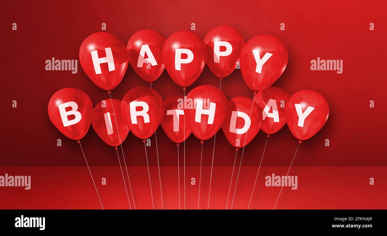Red happy birthday air balloons on red background scene. Horizontal ...