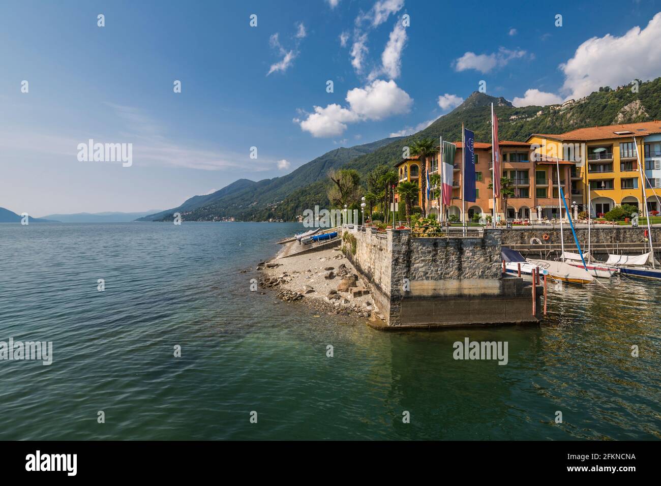 View of lakeside promenade at Cannero Riviera, Lake Maggiore, Piedmont, Italy, Europe Stock Photo