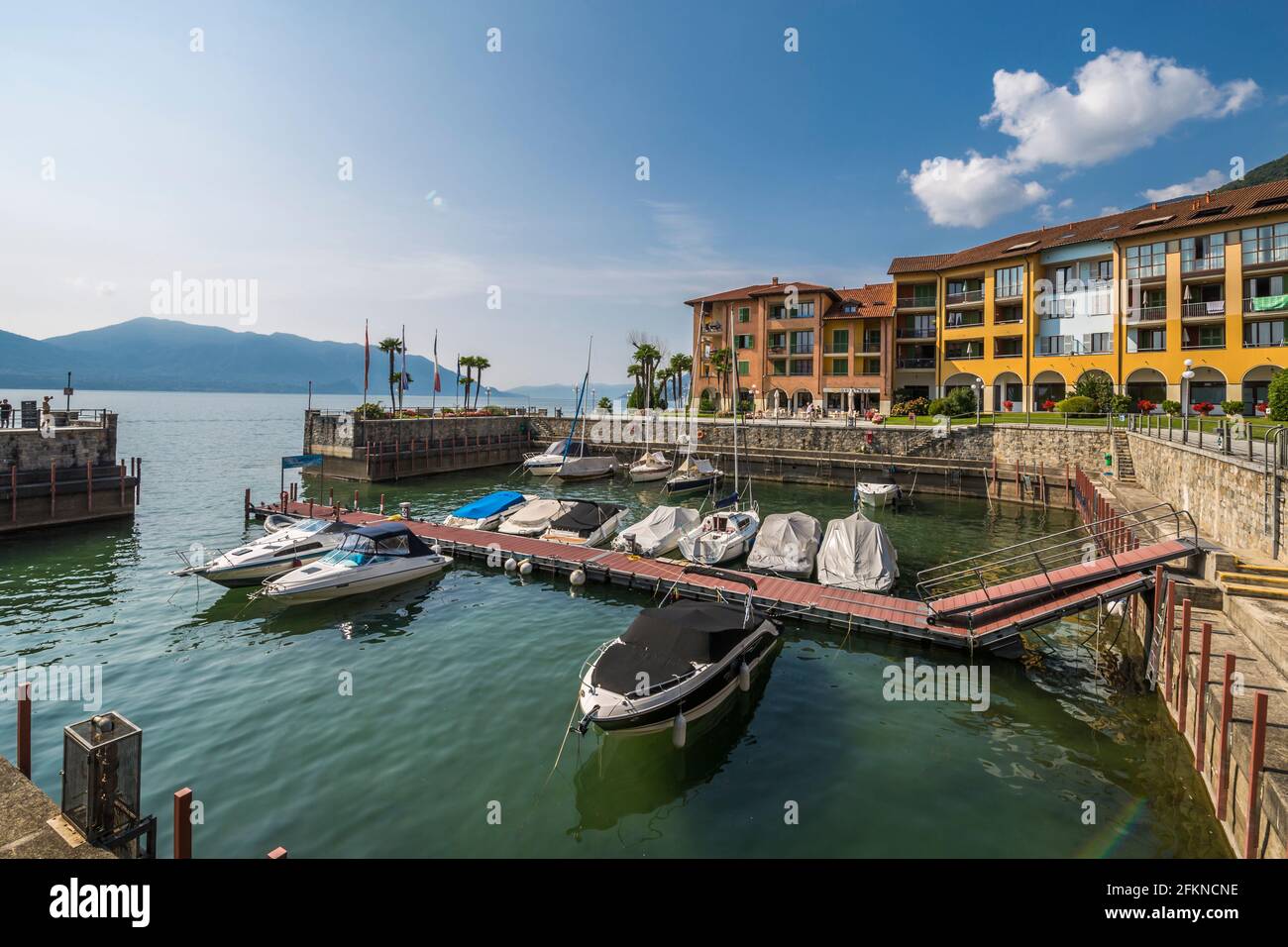 View of lakeside harbour at Cannero Riviera, Lake Maggiore, Piedmont, Italy, Europe Stock Photo