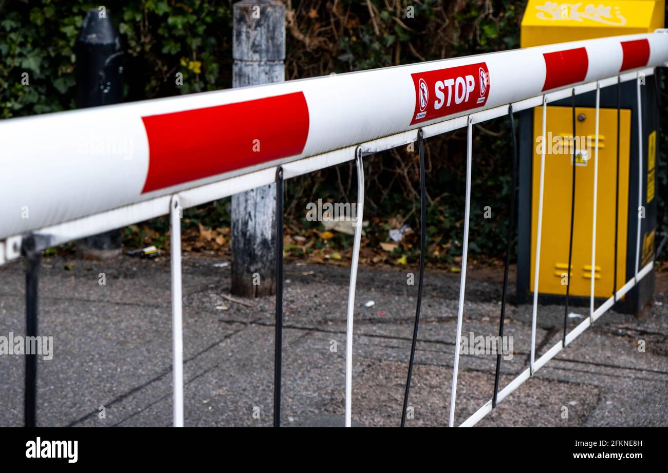 Epsom Surrey London UK, May 02 2021, A Mechanical Safety Or Security Barrier Lowered To Prevent Unauthorised Access With No People Stock Photo