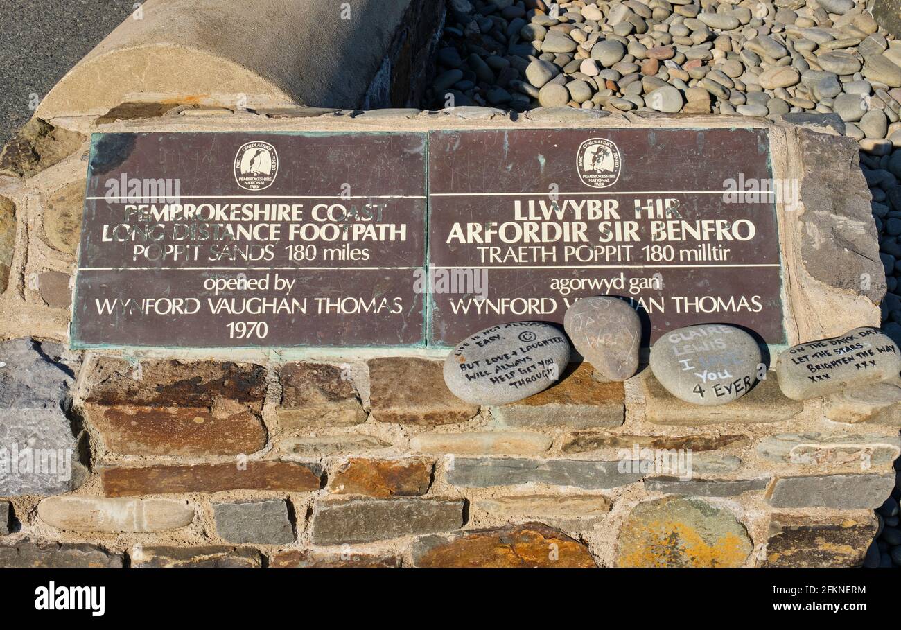 Plaque marking the start of the Pembrokeshire Coast Path, Amroth, Pembrokeshire Stock Photo